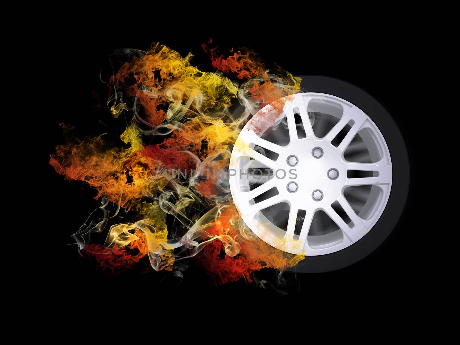 Car wheel in the colored smoke by cherezoff