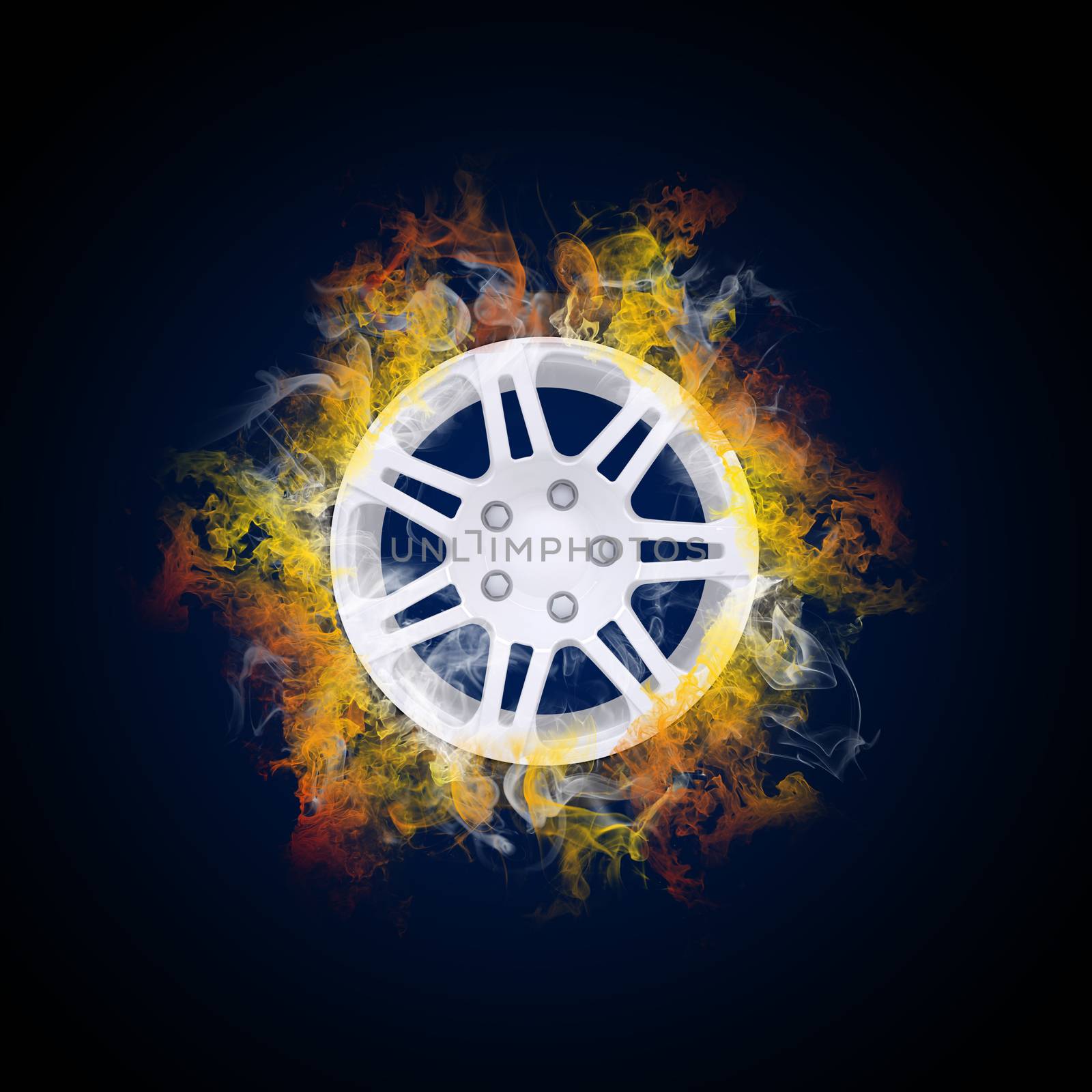 Disc from wheel in the colored smoke. Car concept