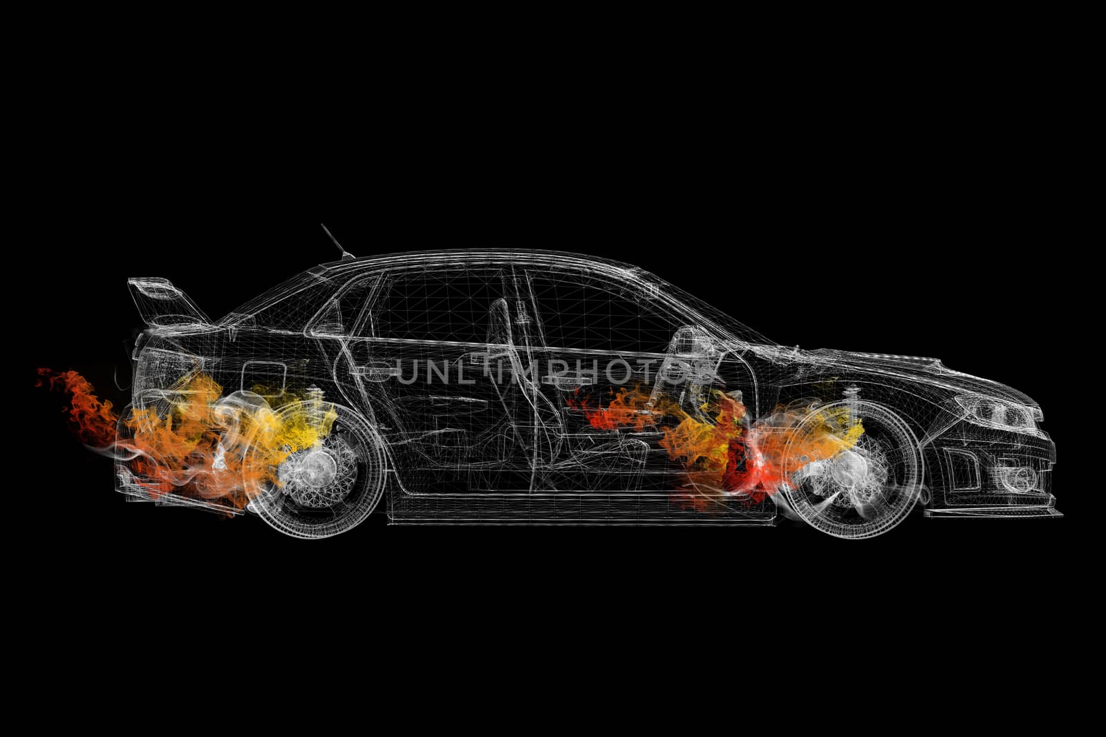 Wire frame car in the colored smoke. Dark background