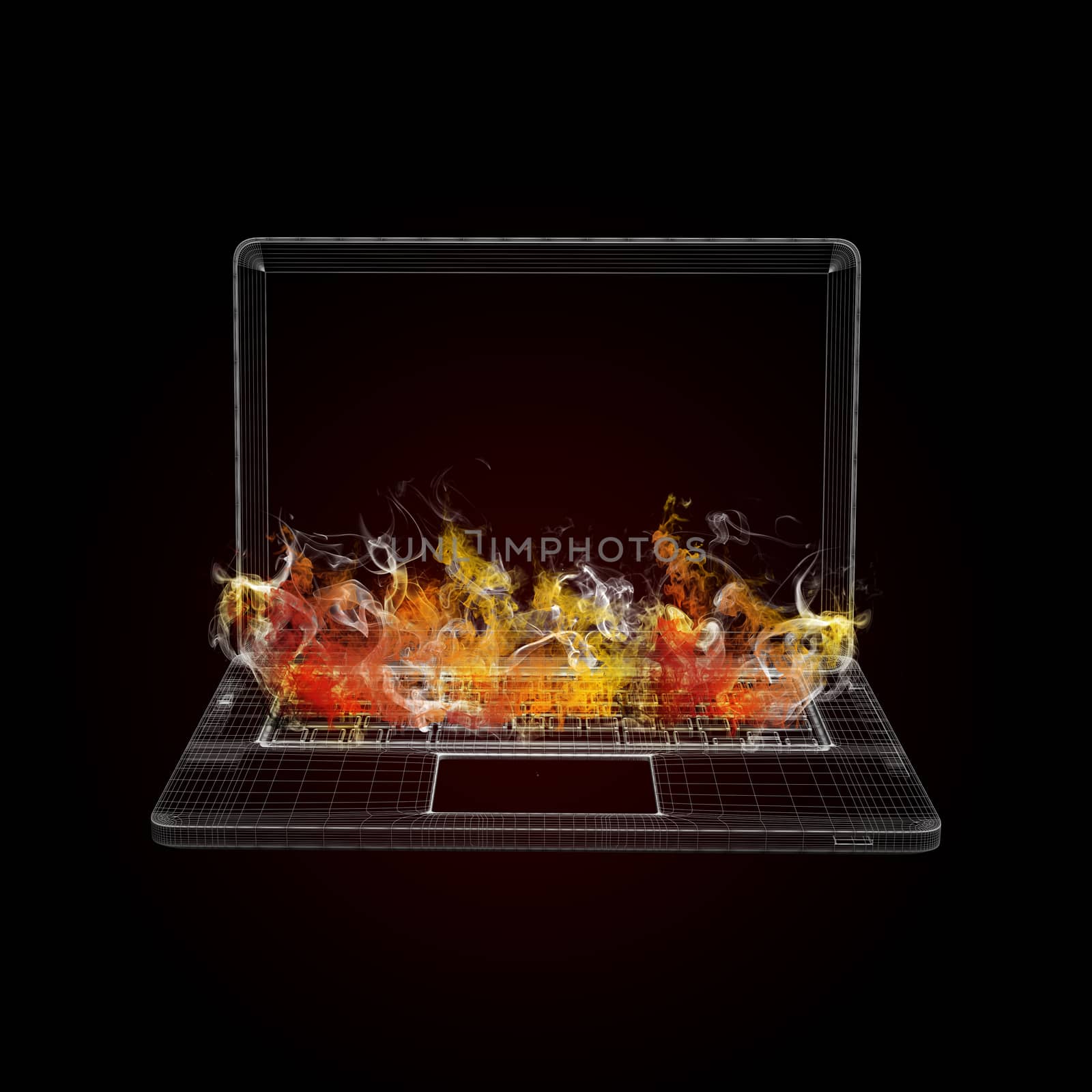 Wire frame laptop in the colored smoke. Computer concept