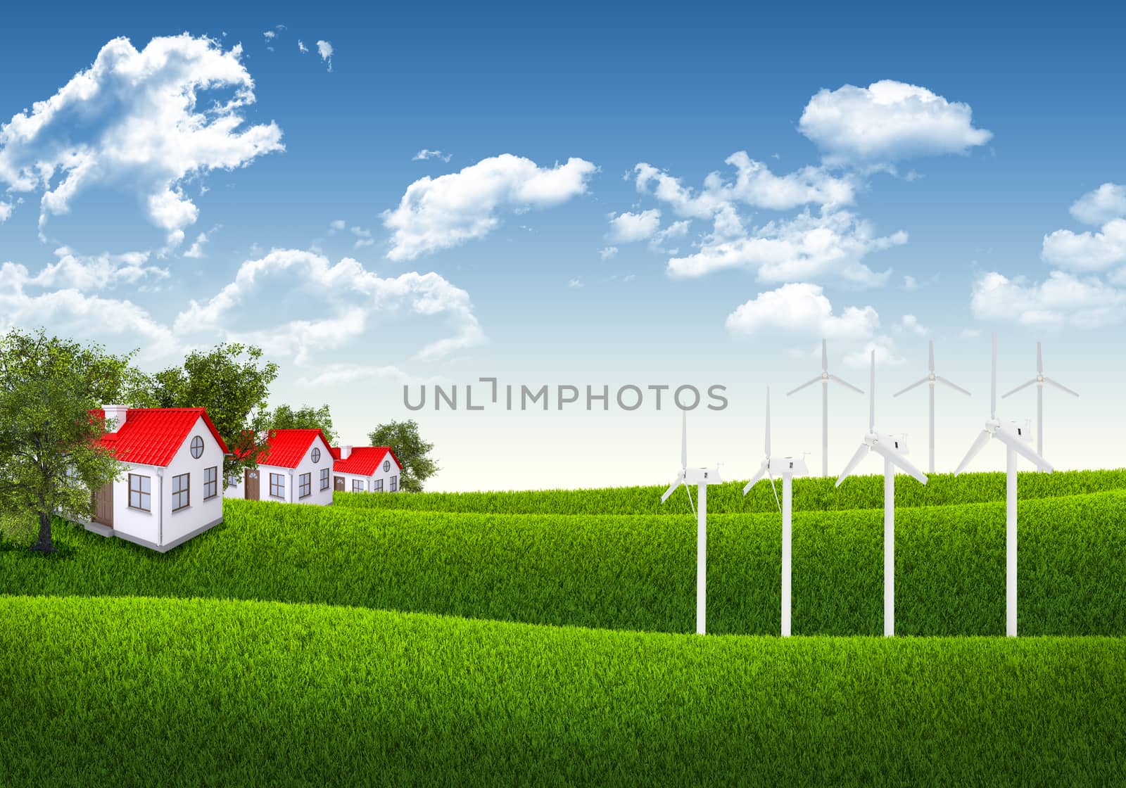 Blue sky, green grass and houses. architectural concept