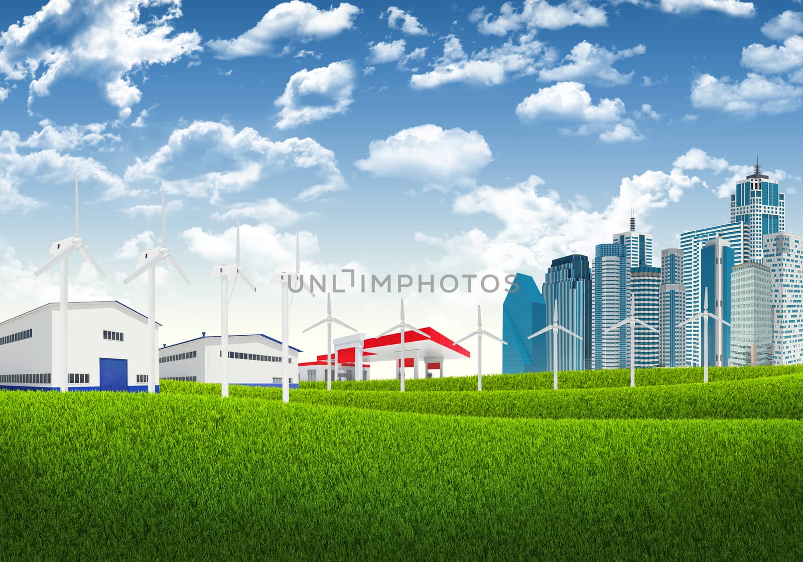 Blue sky, green grass and city. architectural concept