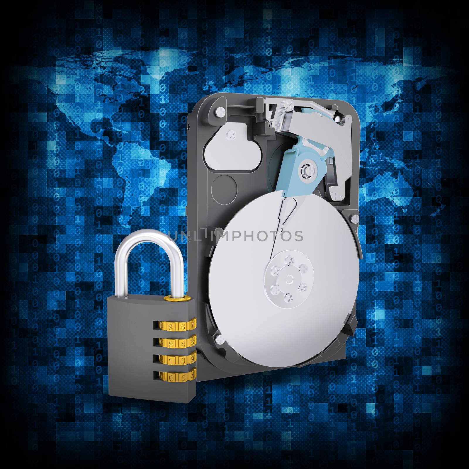 Abstract background is binary code and HDD with combination lock. Electronic concept