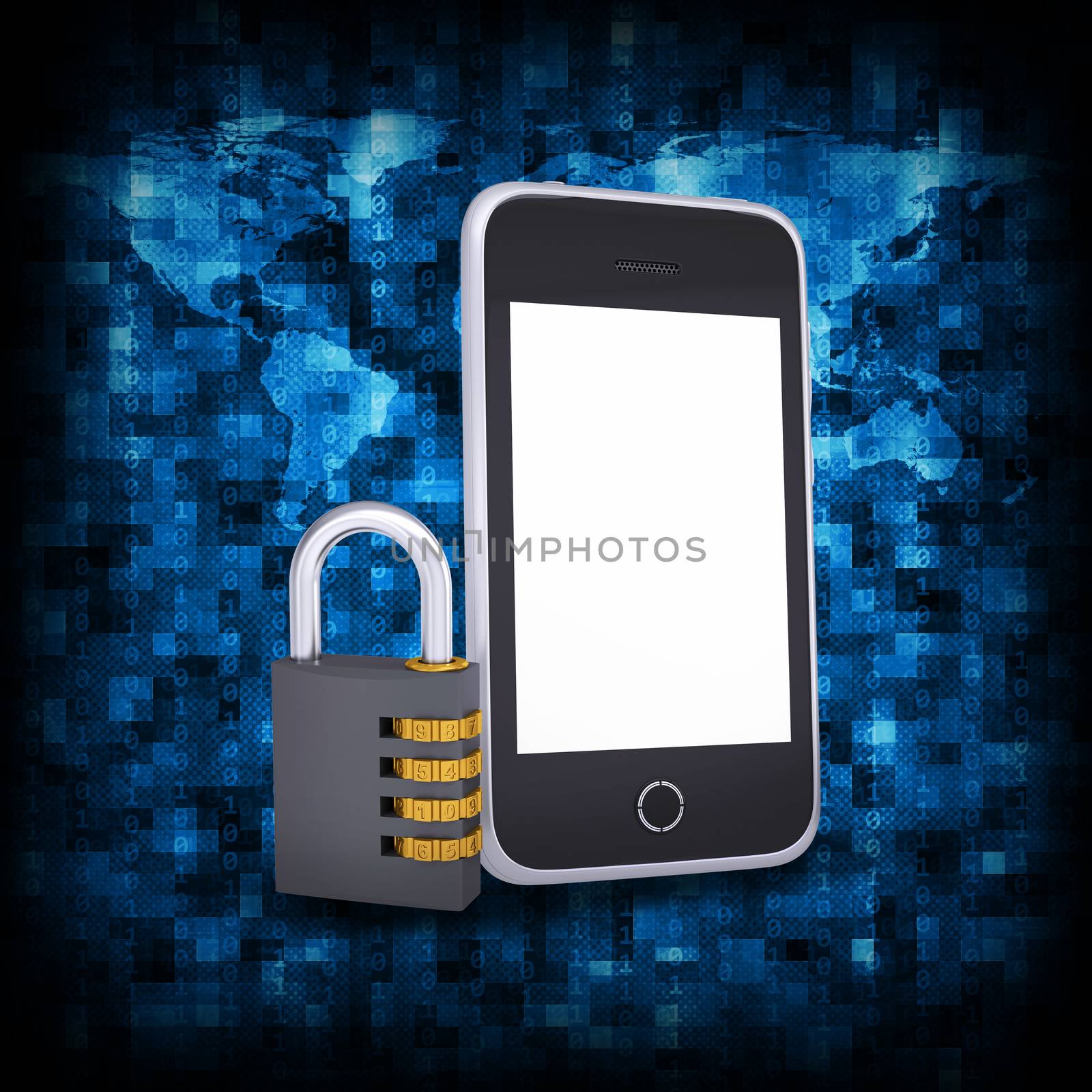 Abstract background is binary code and smart phone with combination lock. Electronic concept