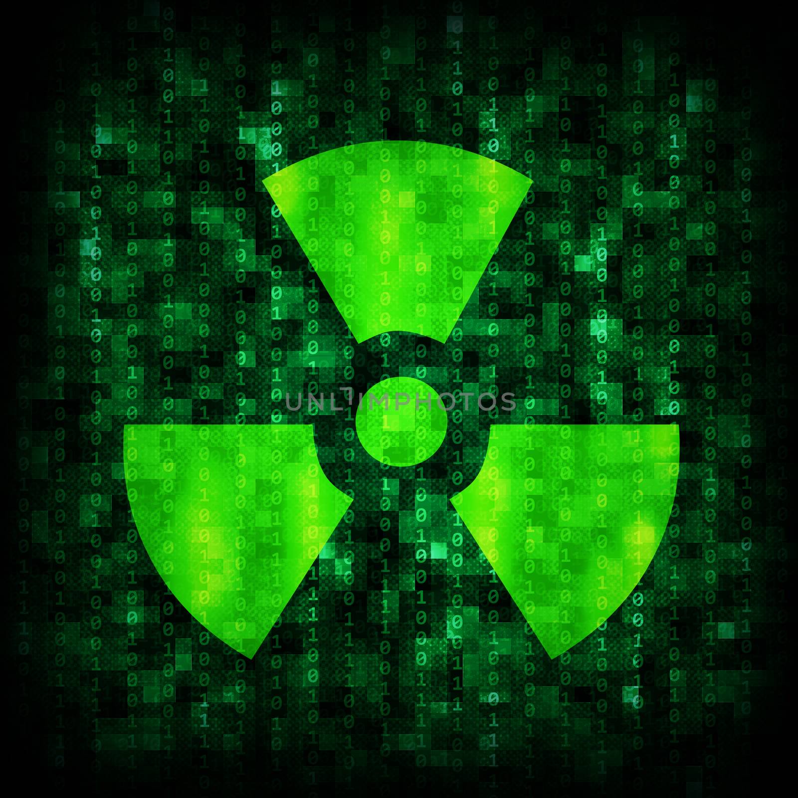 Abstract background is binary code and radiation icon. Electronic concept