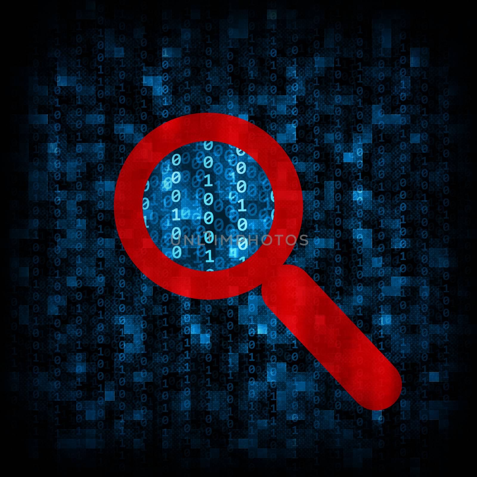 Abstract background is binary code and magnifier icon. Electronic concept