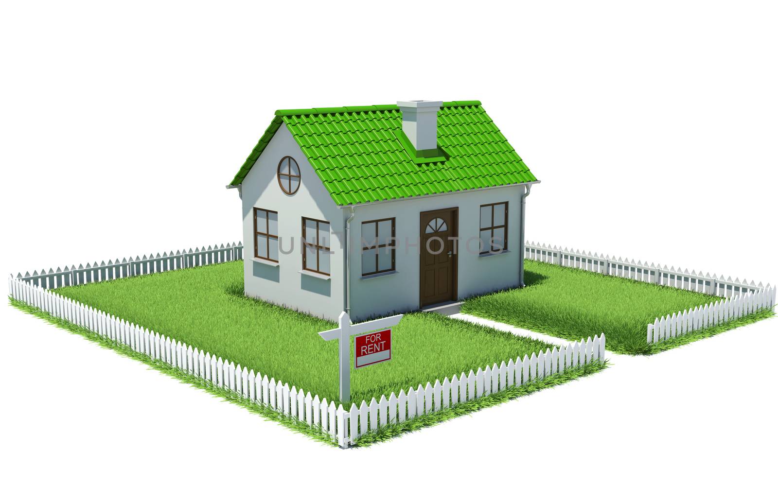 House on plot of grass with fence. Architectural concept
