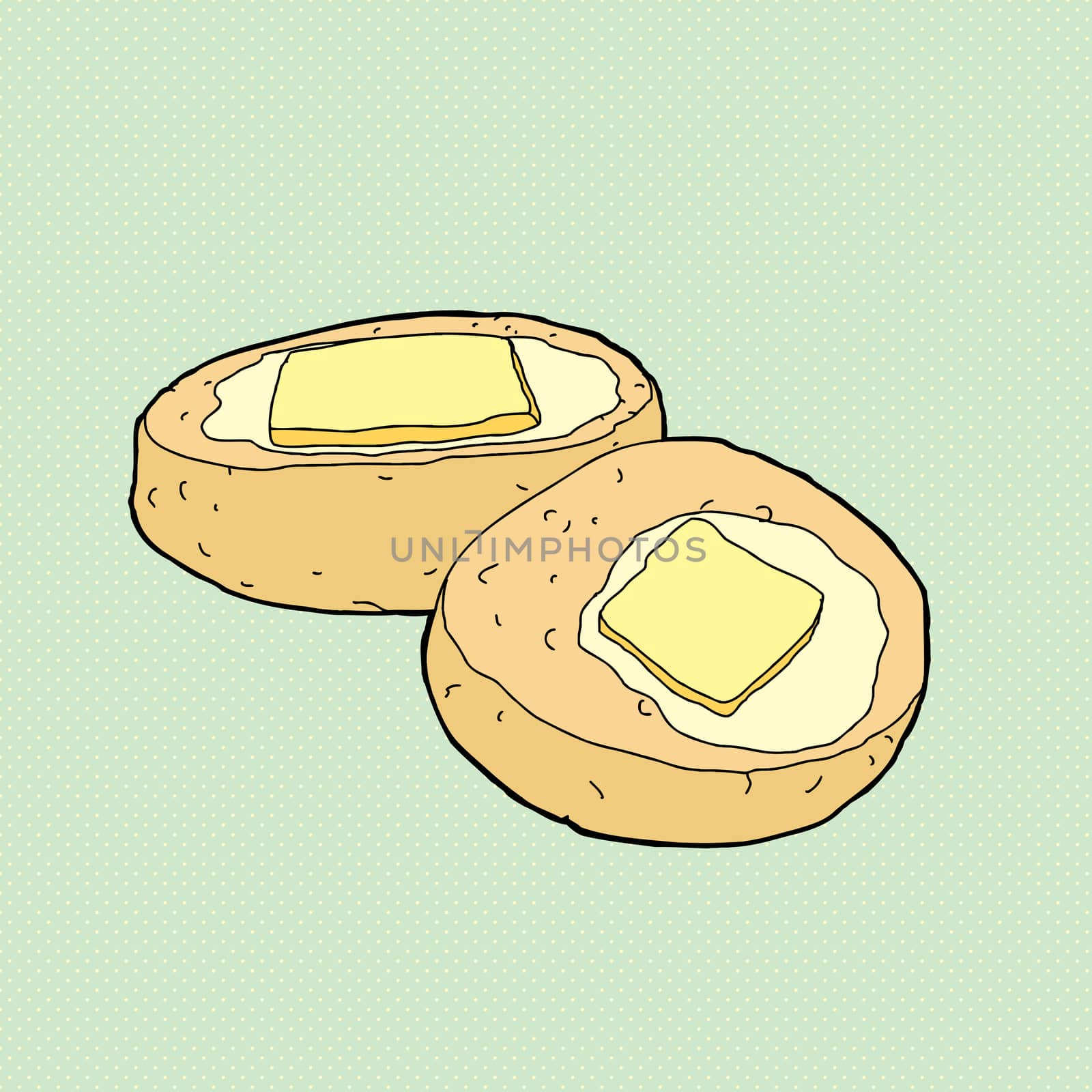 Sliced biscuit with melted butter on green background