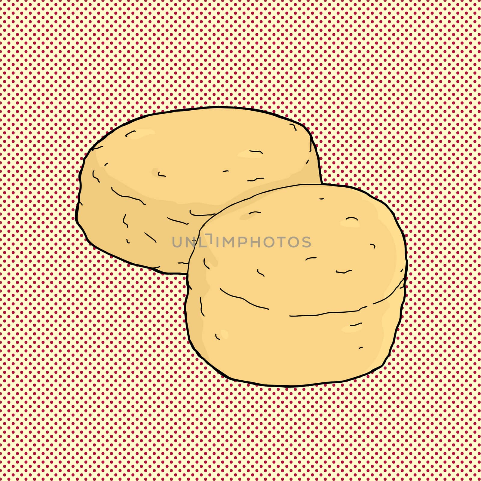 Two corn bread muffins on red halftone background