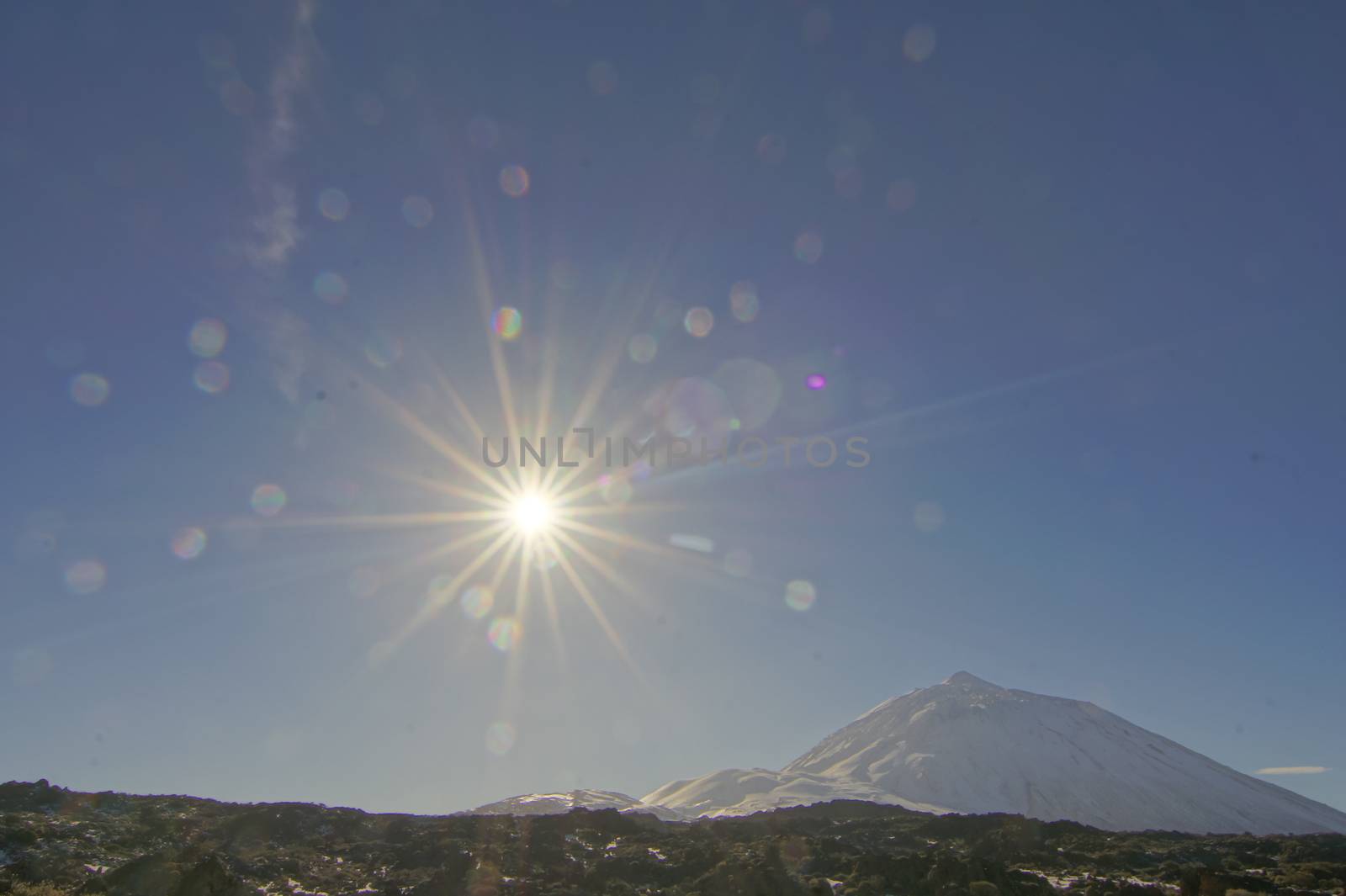 Hdr Picture Backlight Sunbeams and Snow on Teide Tenerife Canary Islands