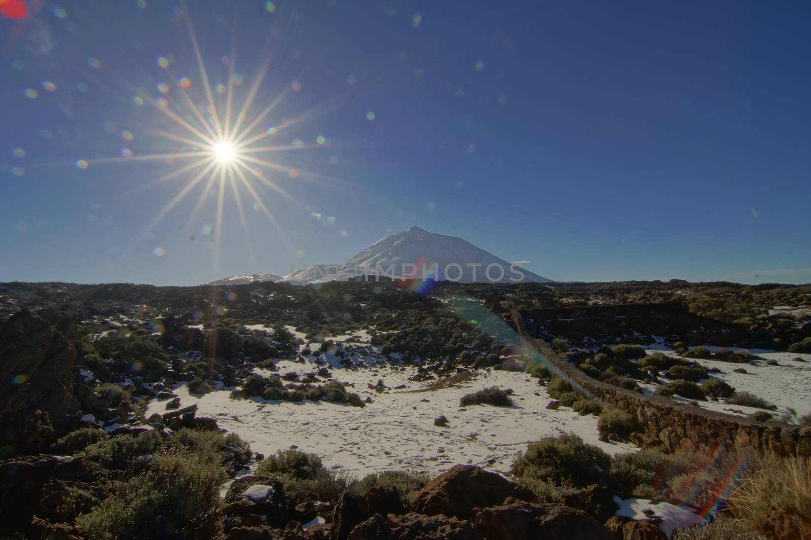 Hdr Picture Backlight Sunbeams and Snow on Teide Tenerife Canary Islands