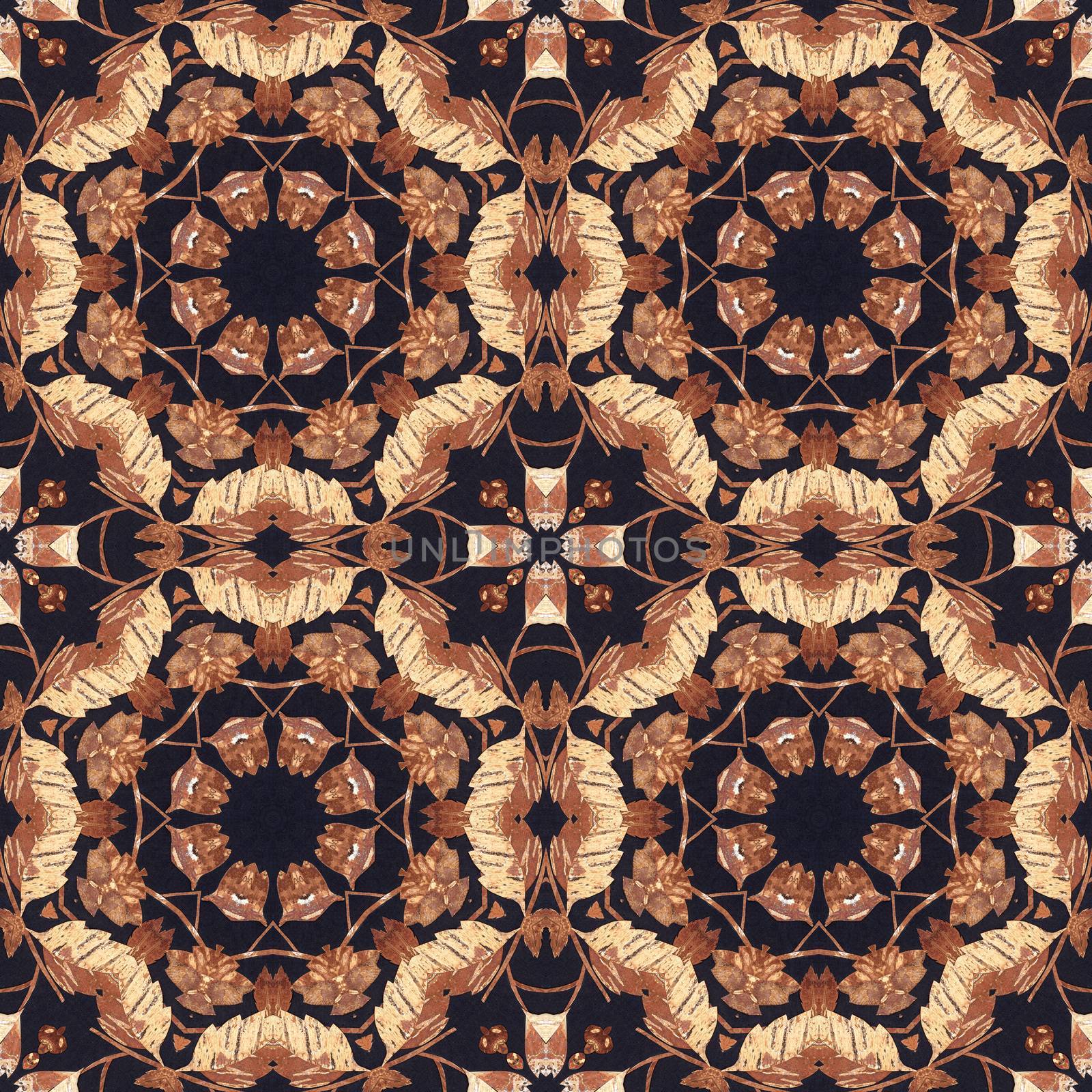 Abstract artistic background, seamless handmade floral ornament, intarsia from the back side of a birch bark on black fabric