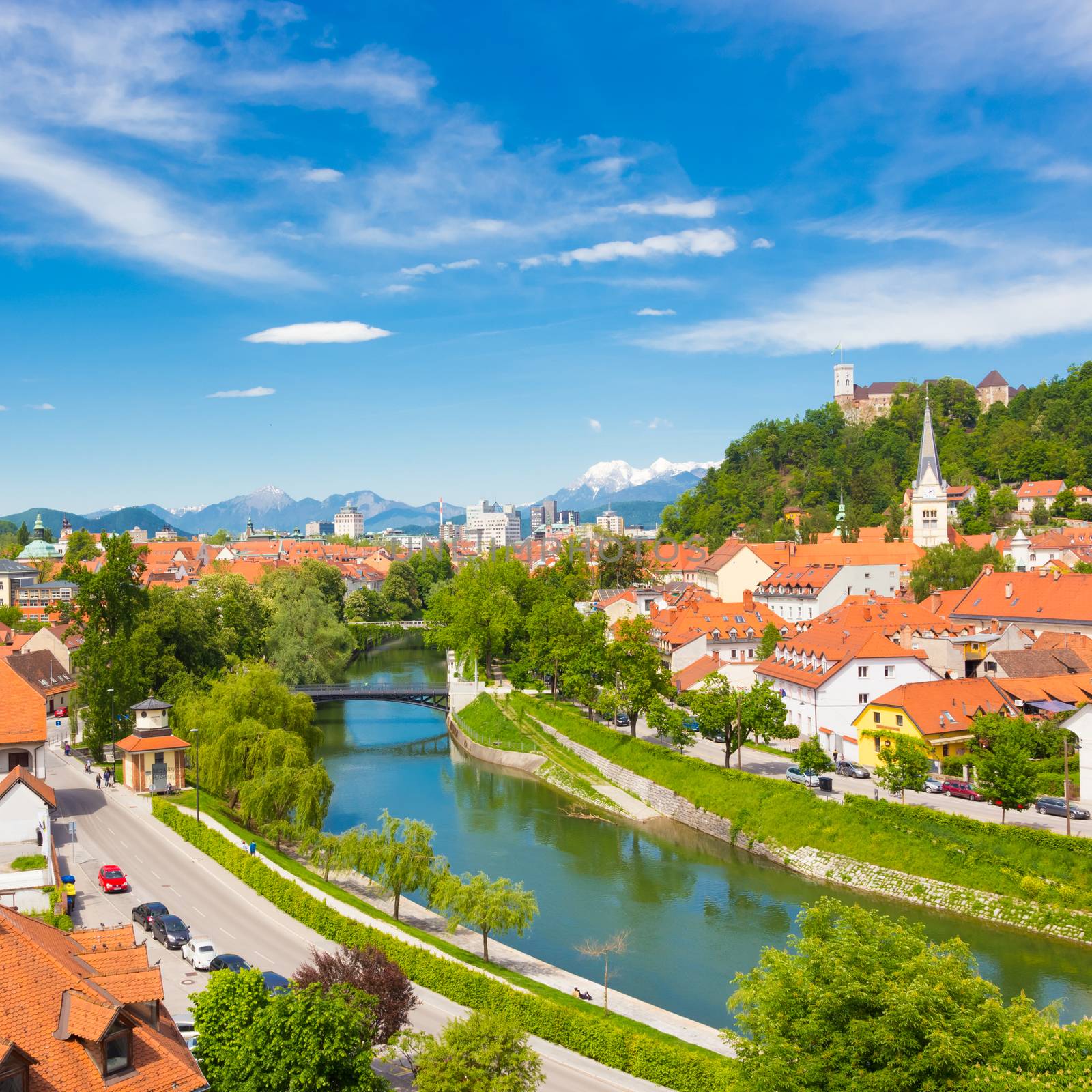 Cityscape of the Slovenian capital Ljubljana at sunset.