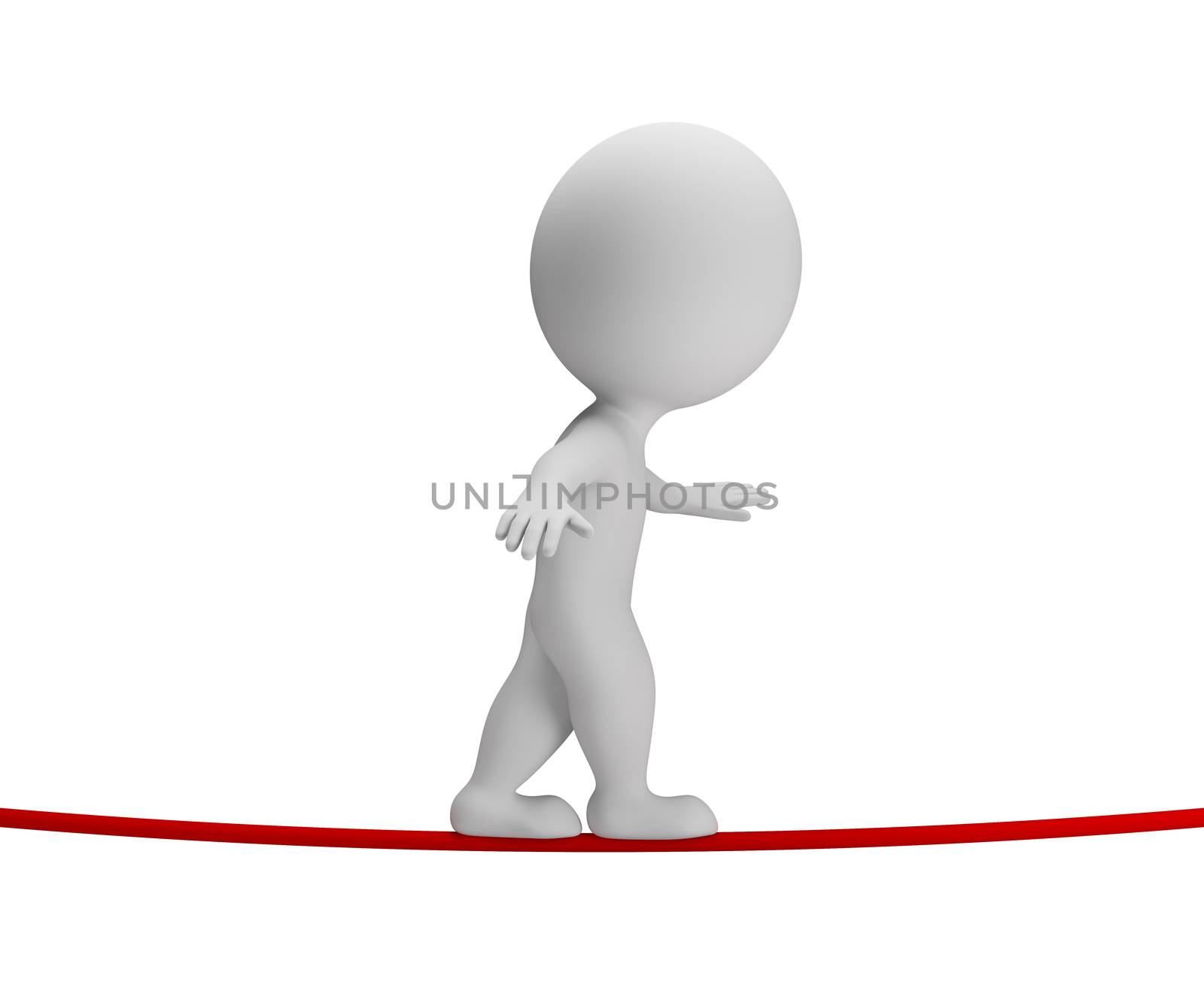 3d small person walking on rope. 3d image. White background.
