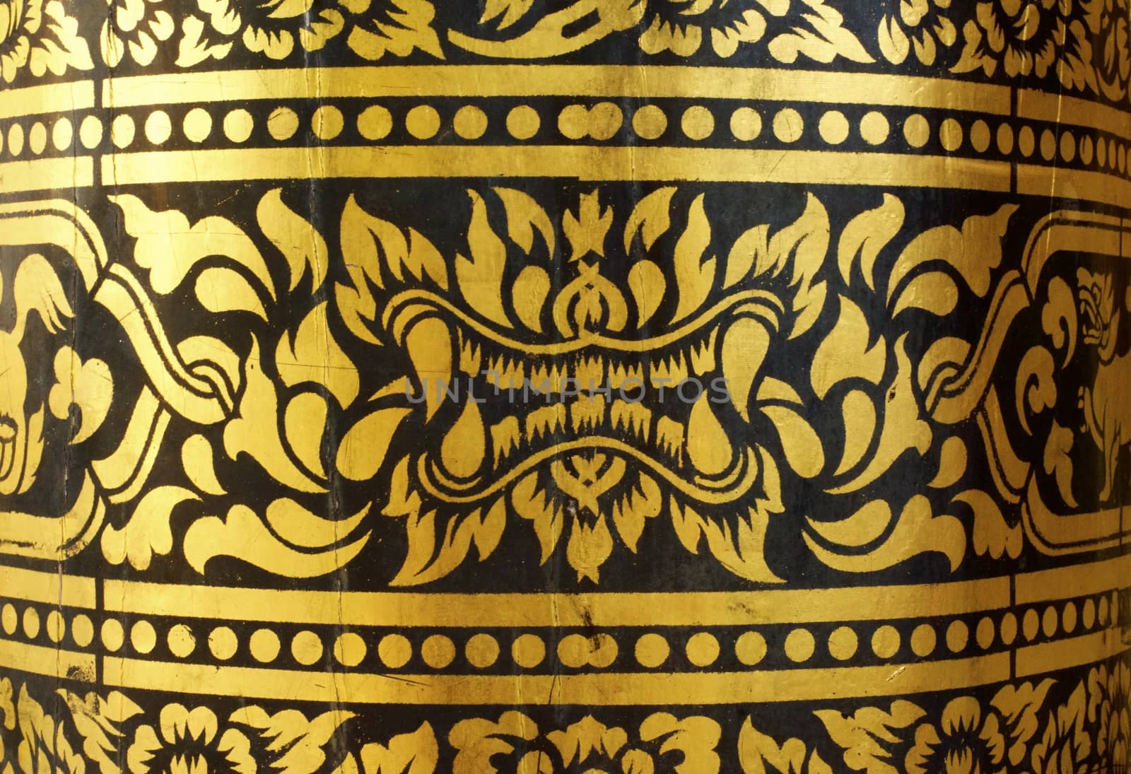 detail of thai pattern that made by covered wood plate with gold leaf for decorated temple door or pillar,shallow focus