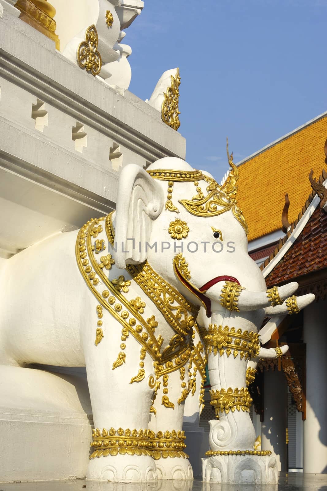 white and gold elephant sculpture at Chiangrai temple,Thailand