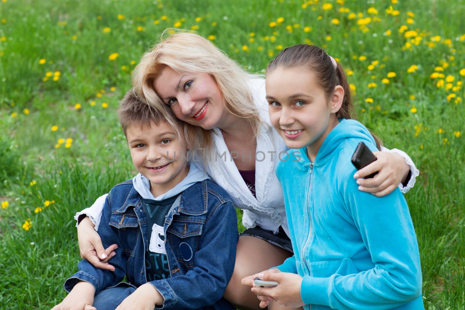 happy family of mother and two children