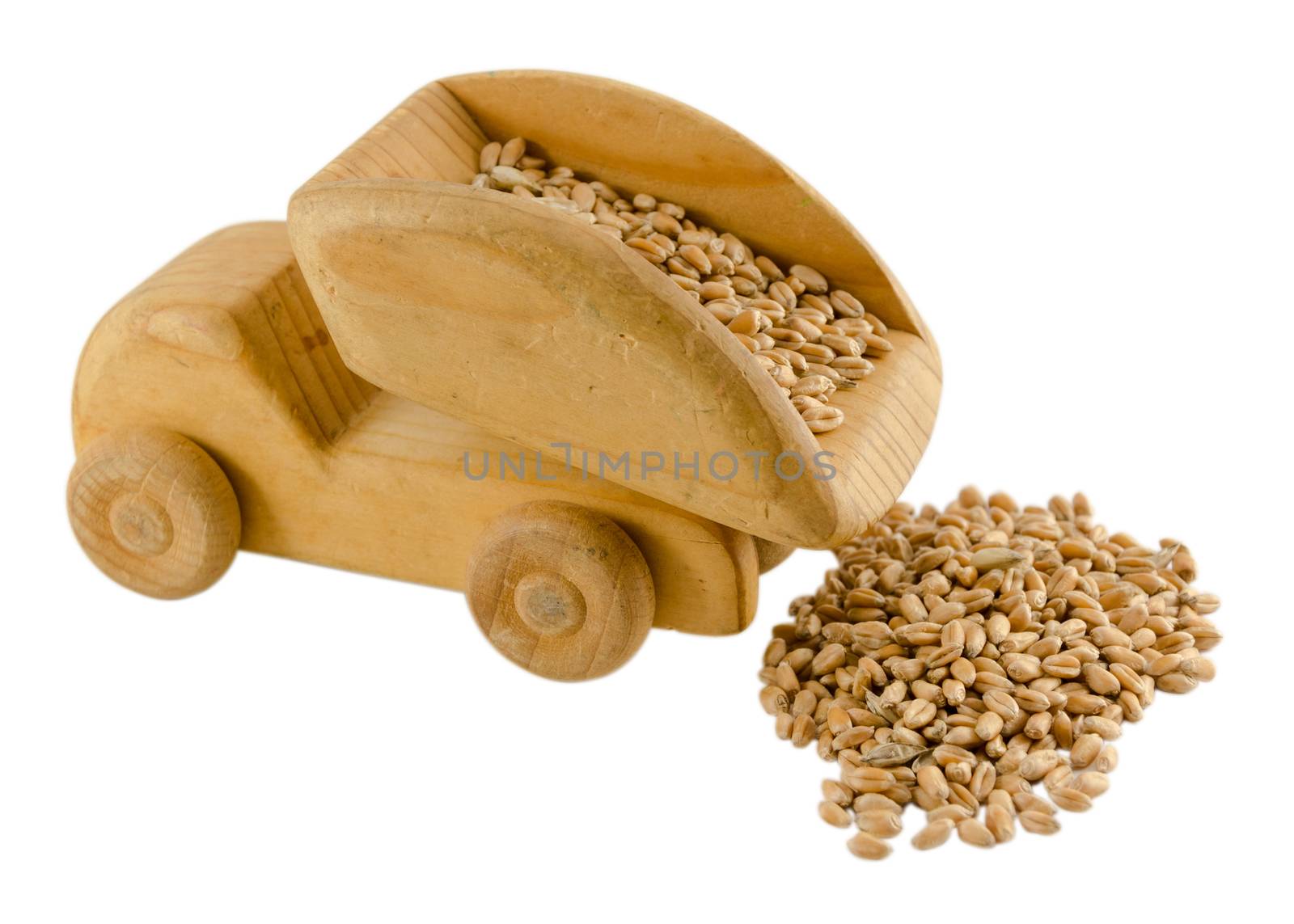 imitation transported grain in truck wooden children toy isolated on white background