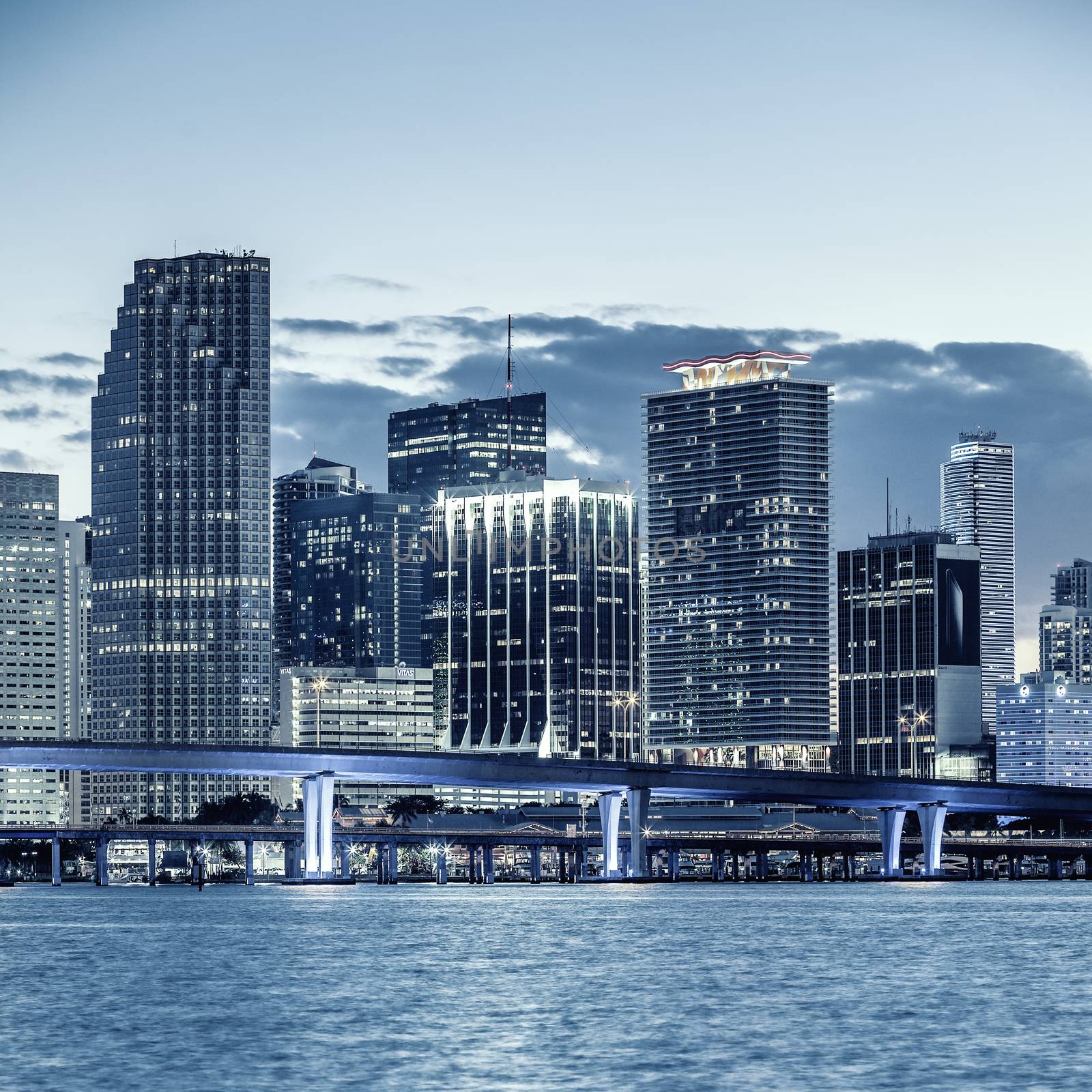 CIty of Miami Florida, business and residential buildings and bridge on Biscayne Bay