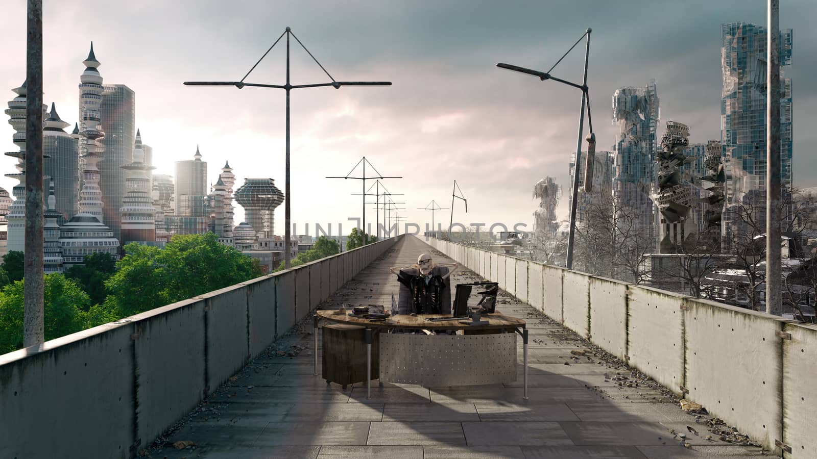 Apocalyptic concept background of futuristic and destroyed city with sitting skeleton by denisgo