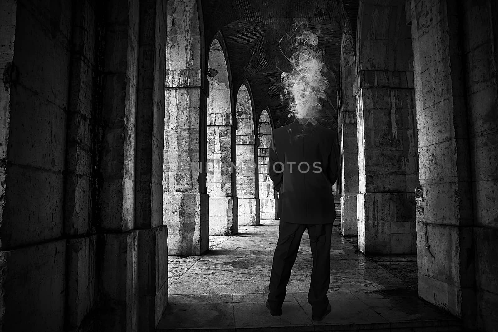 Nightmare, man with smoke head in old palace by FernandoCortes