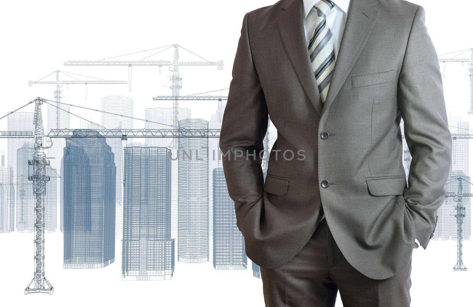 Businessman in suit. Tower crane and skyscrapers by cherezoff