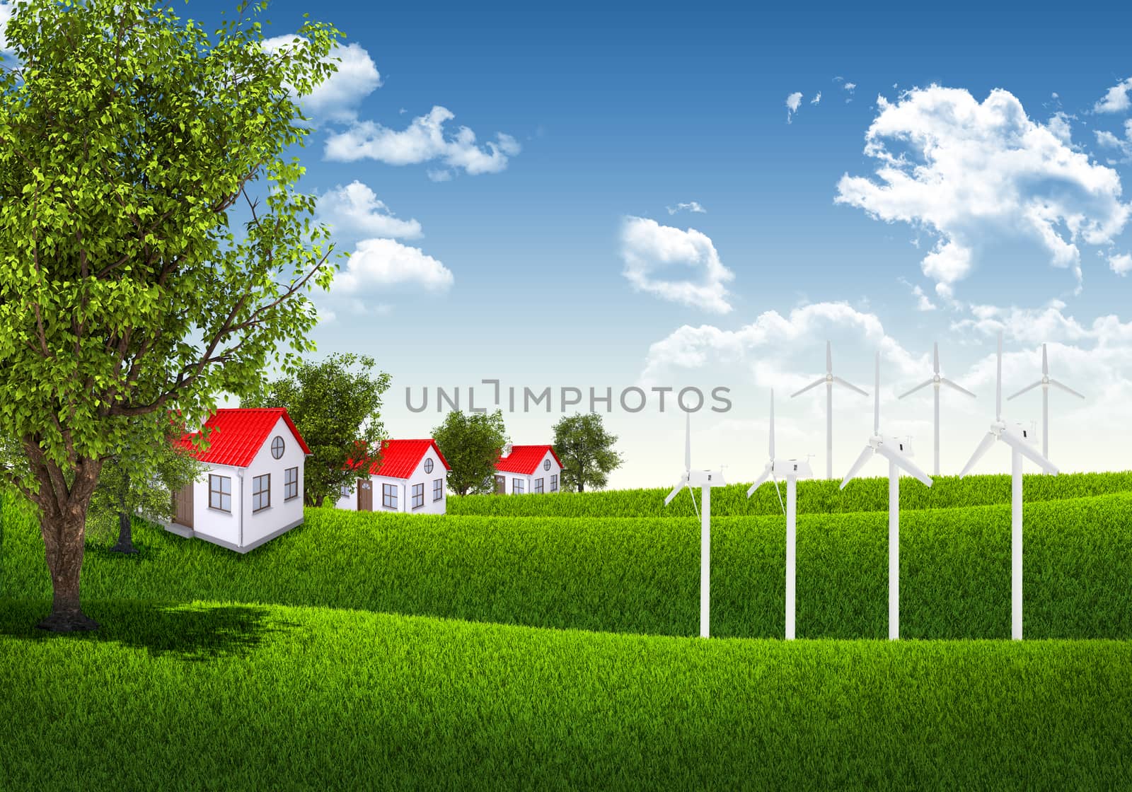 Blue sky, green grass and houses by cherezoff