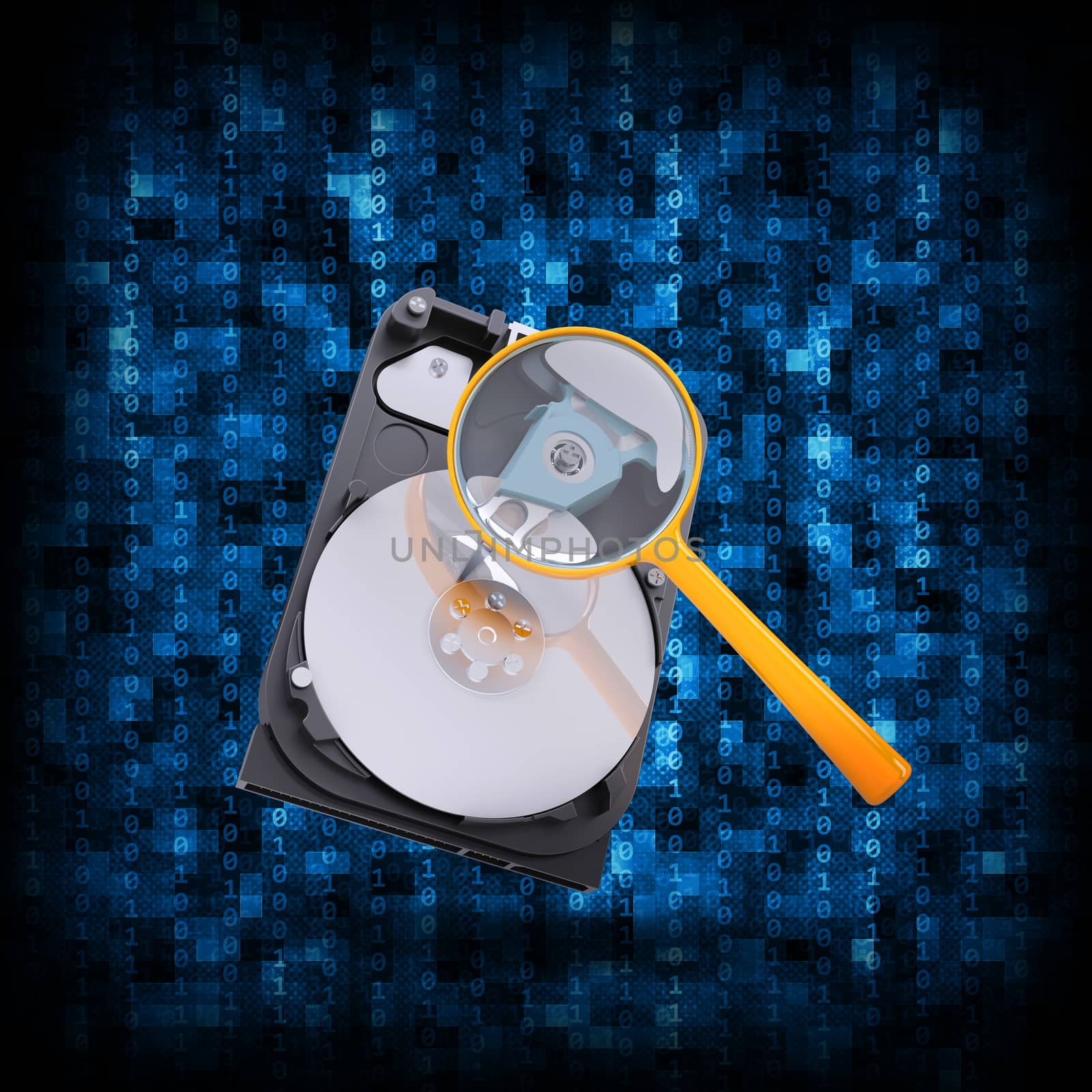Binary code and HDD with magnifying glass by cherezoff