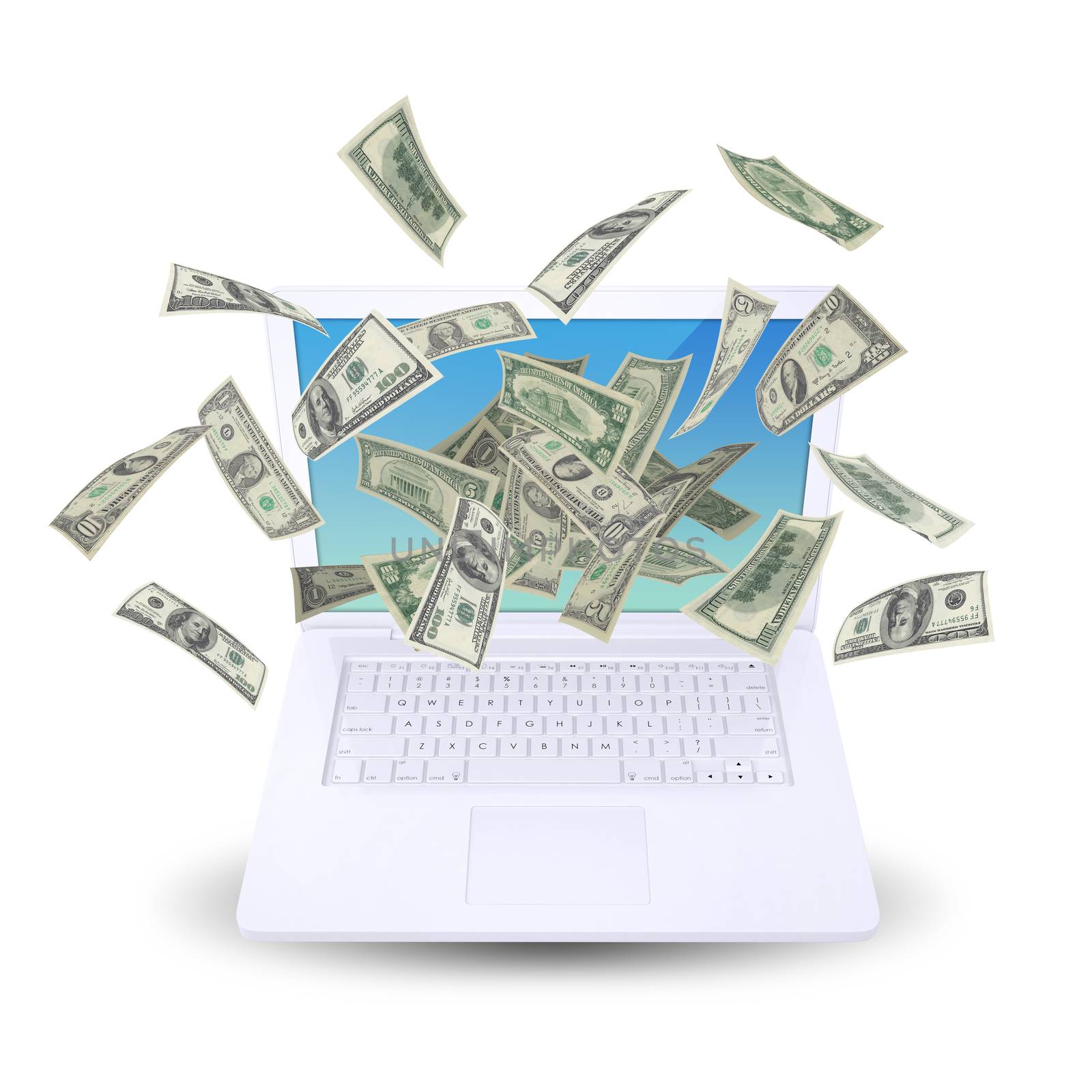 Dollar notes flying around the laptop by cherezoff