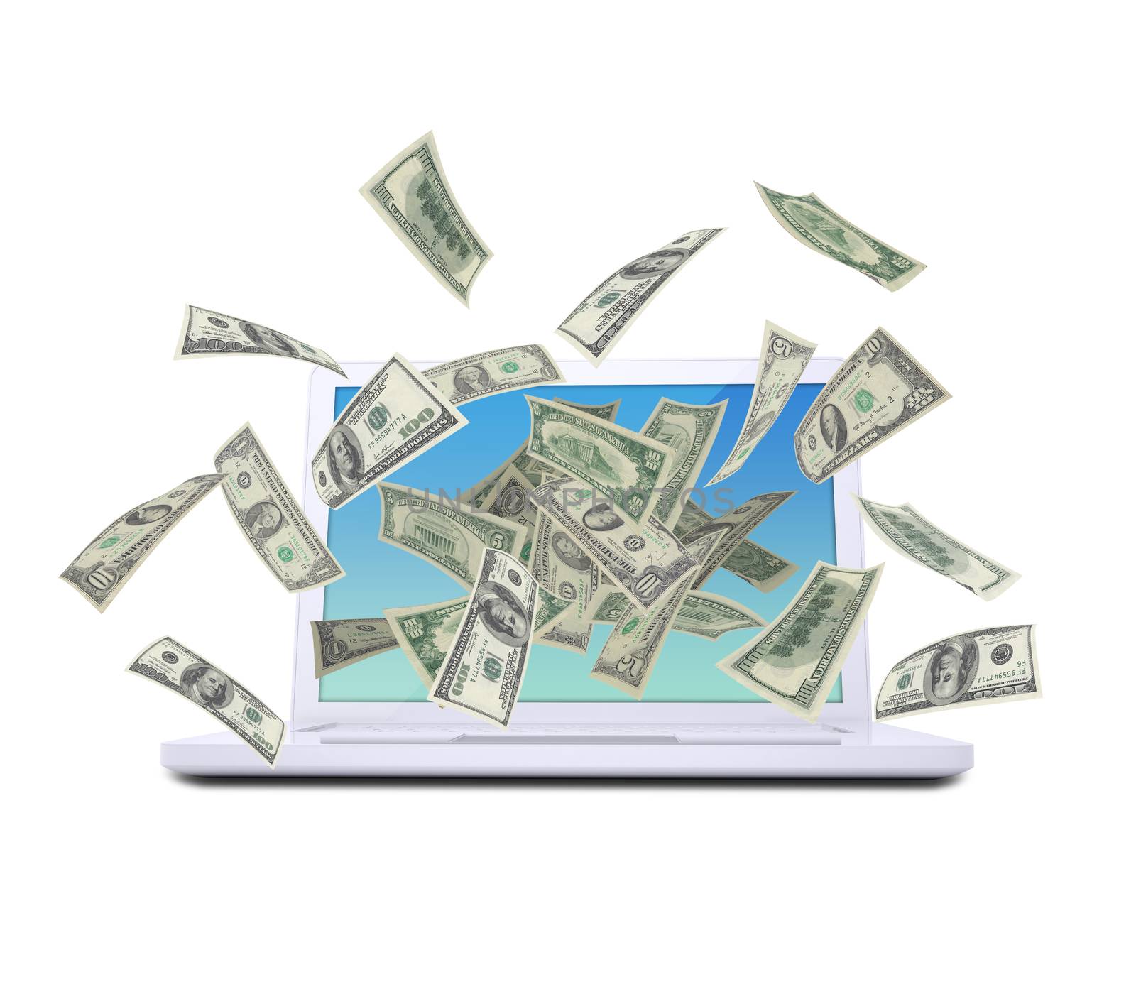 Dollar notes flying around the laptop by cherezoff