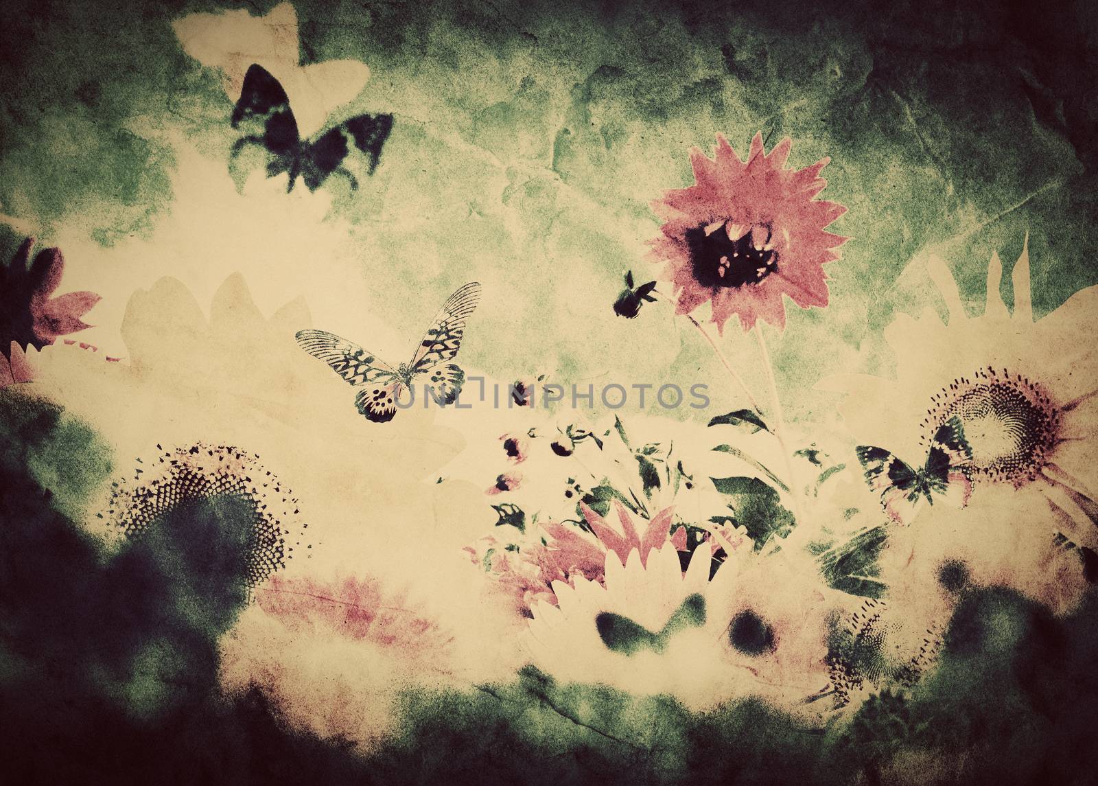Vintage image of flowers and butterfly at spring summer time. Retro, grunge style texture or background