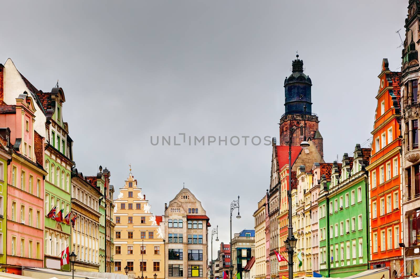 Wroclaw, Poland. The market square with colorful historical buildings and St. Elizabeth's Church. Silesia region.