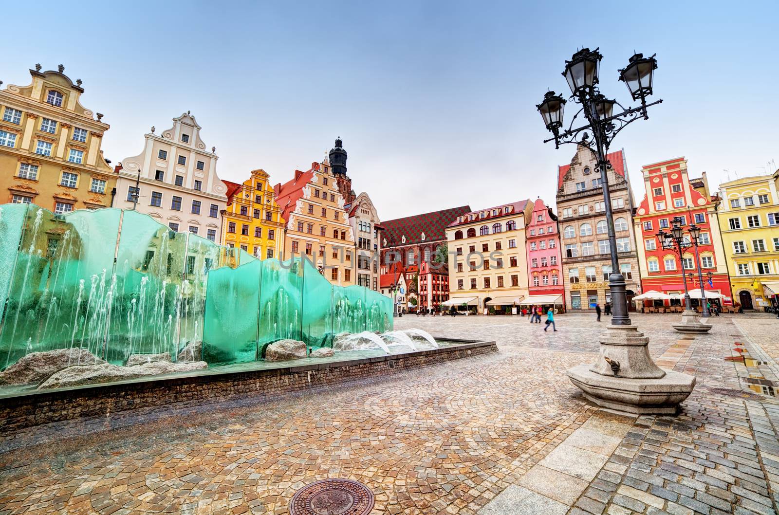 Wroclaw, Poland. The market square with the famous fountain and colorful historical buildings. Silesia region.