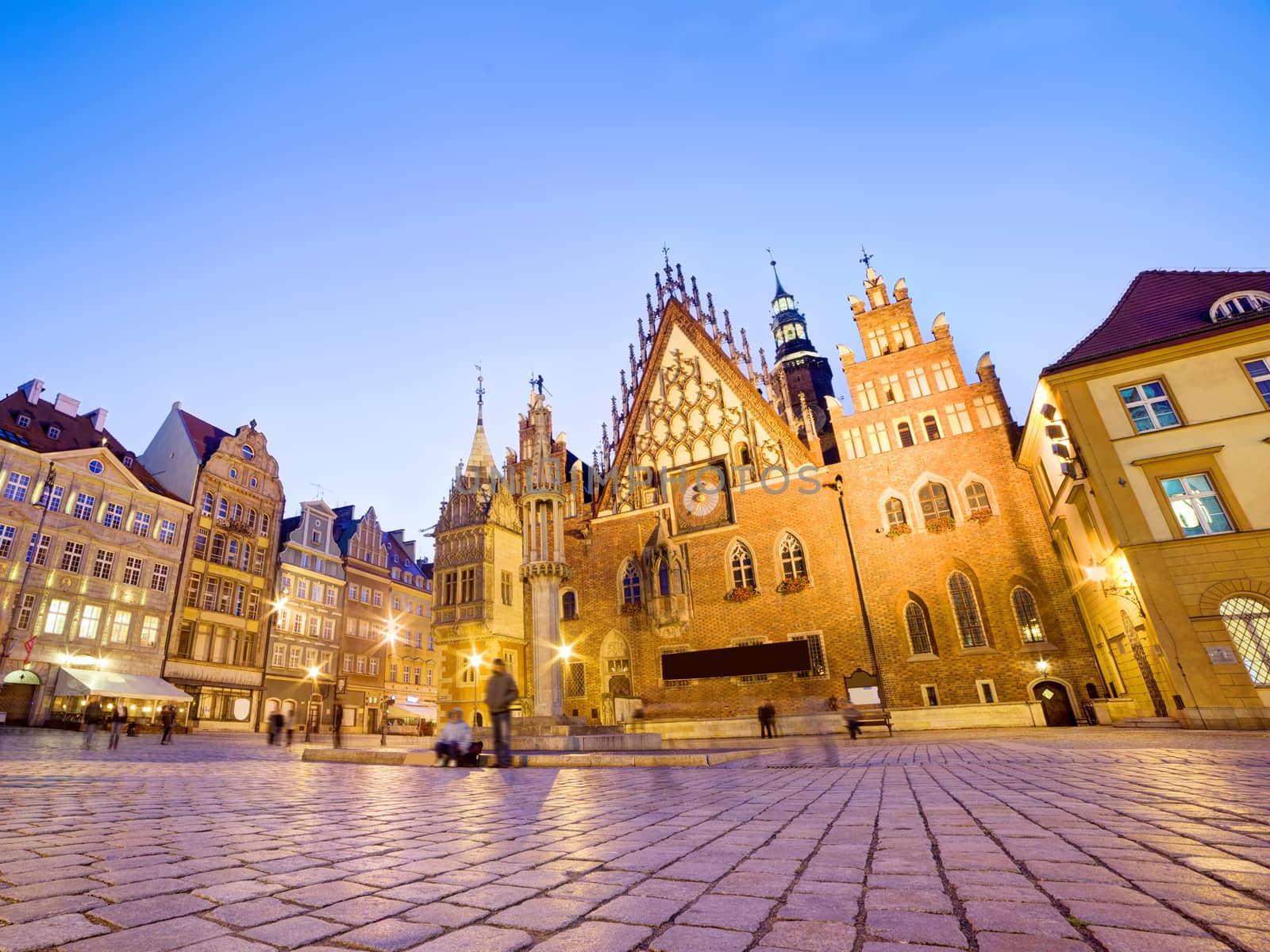 Wroclaw, Poland. The historical Town Hall on market square at night. Silesia region.