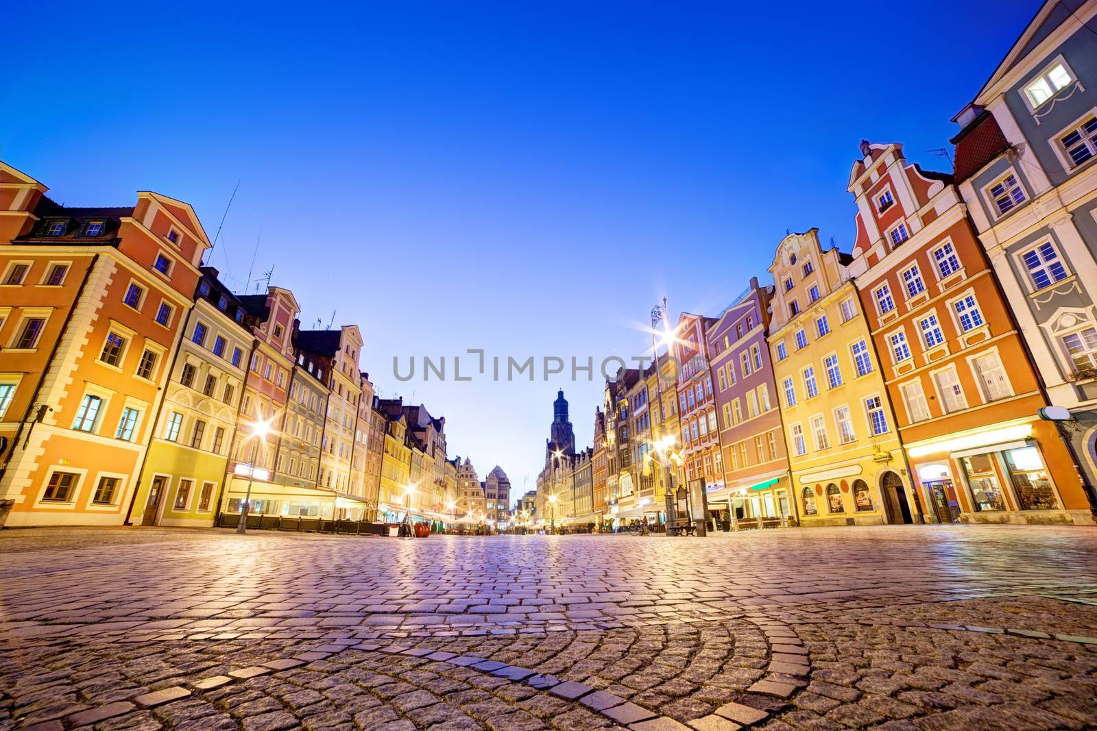Wroclaw, Poland. The market square at night and St. Elizabeth's Church. Silesia region.
