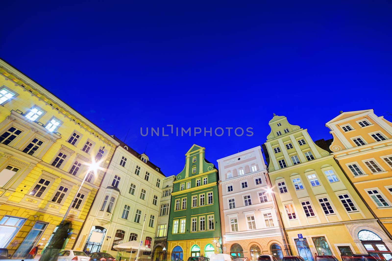 Wroclaw, Poland. The market square with colorful historical buildings at night. Silesia region.