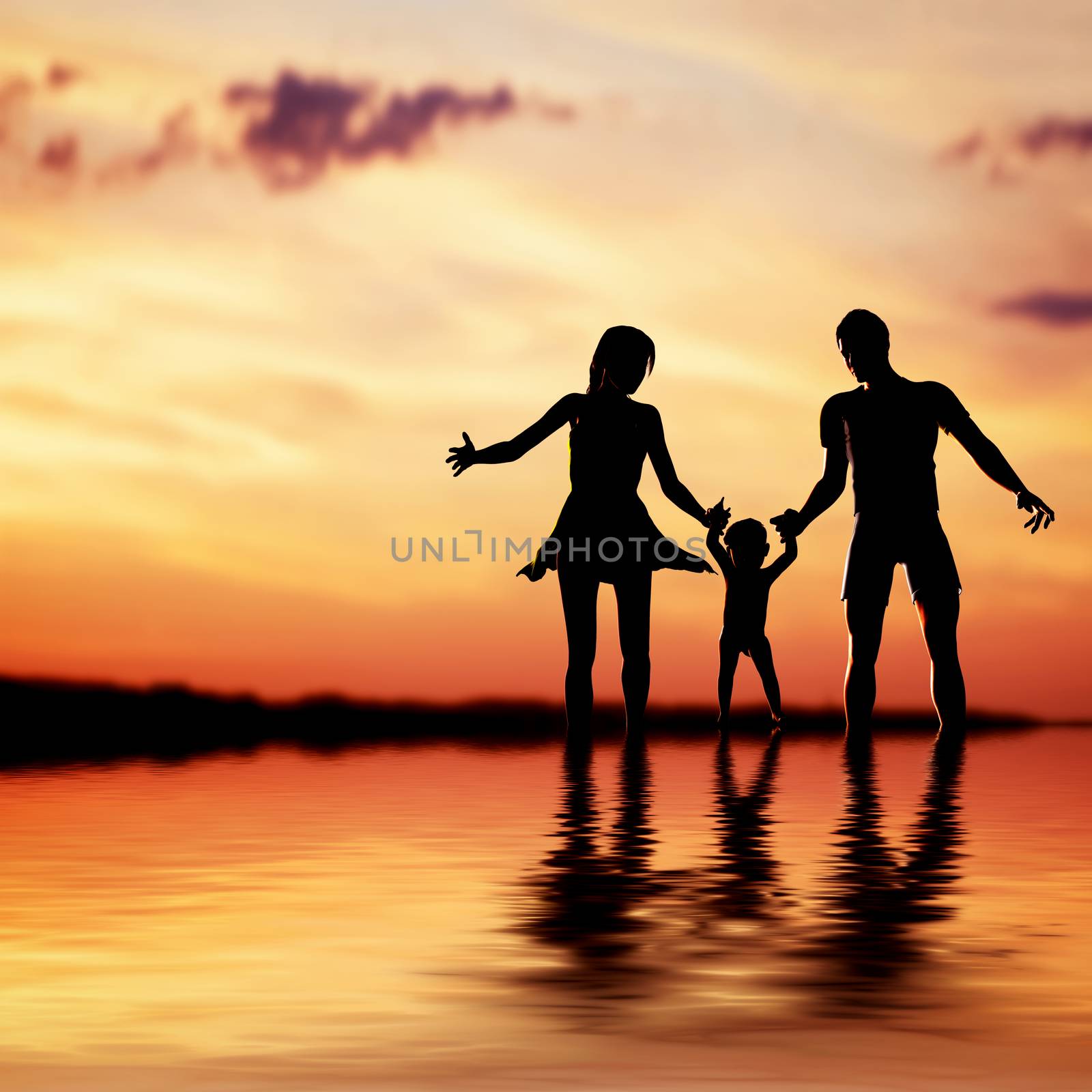 Happy family walking together hand in hand at sunset. Mother, father, child. by photocreo