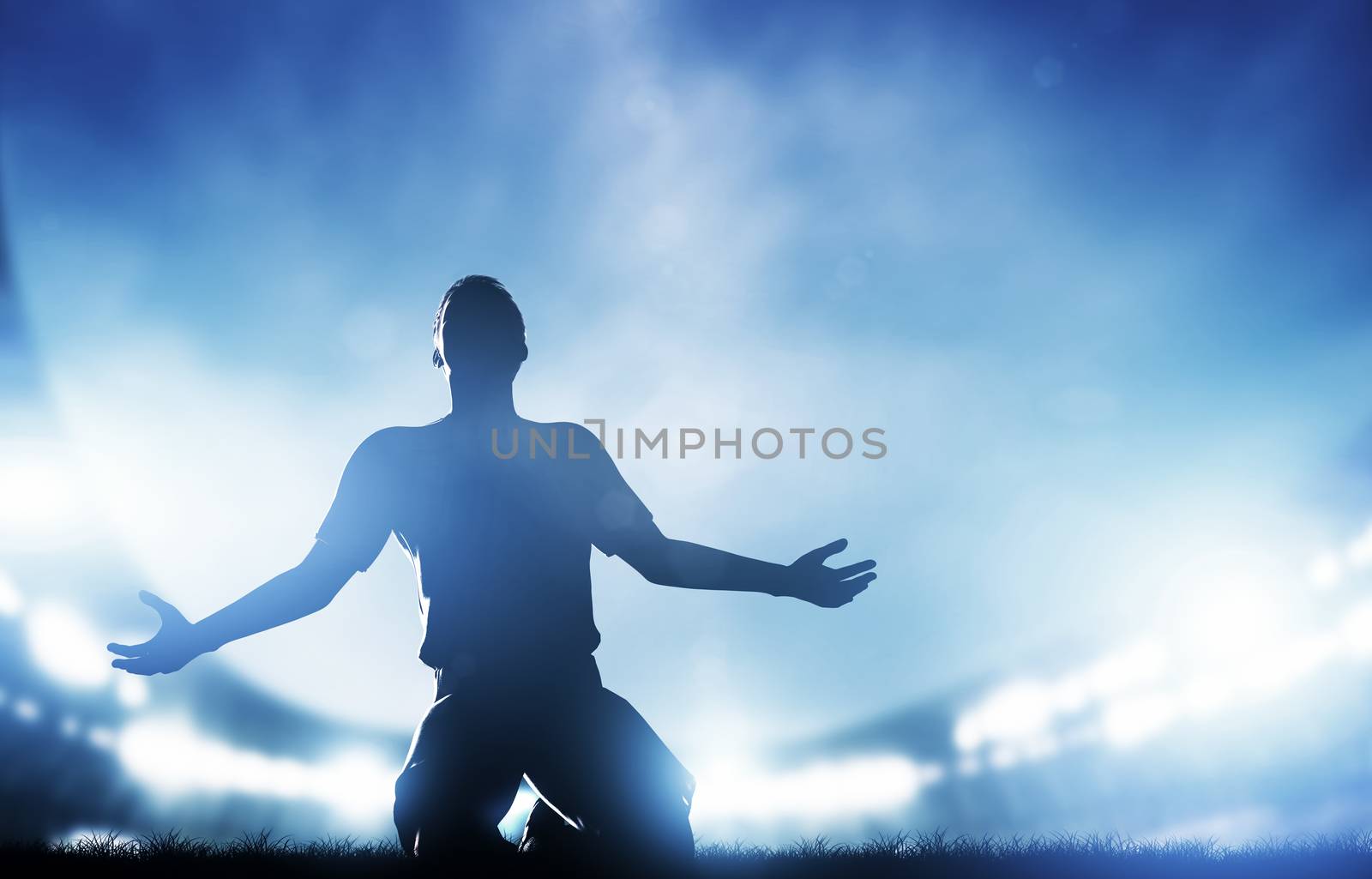 Football, soccer match. A player celebrating goal, victory. Lights on the stadium at night.