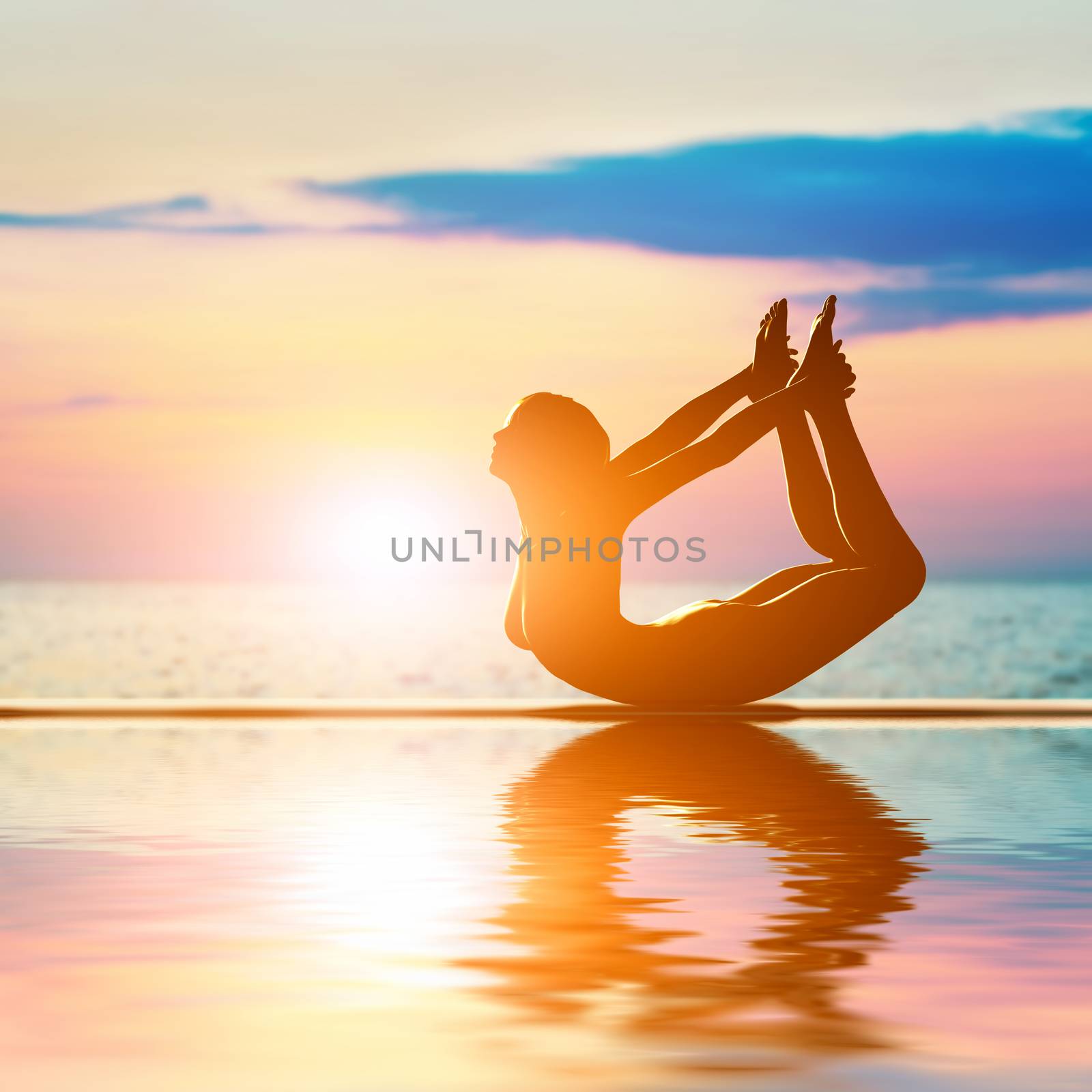 A silhouette of a woman in bow yoga position, meditating against sunset sky. Zen, meditation