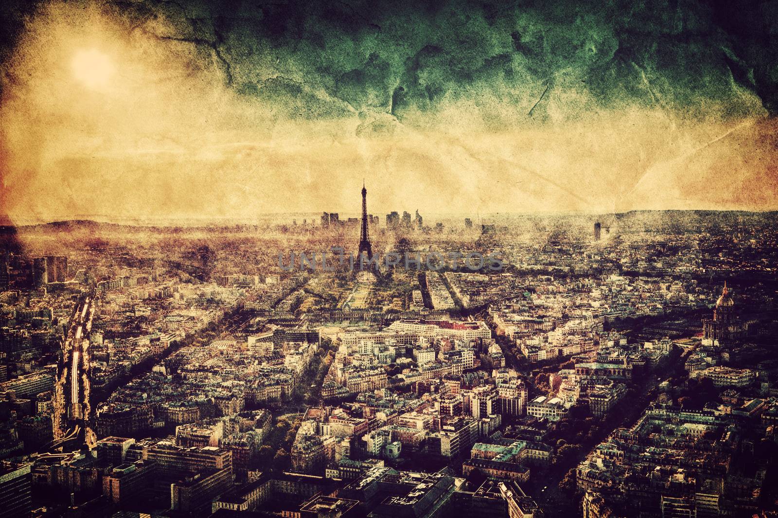 Paris, France at sunset. Aerial view on landmarks. Vintage by photocreo