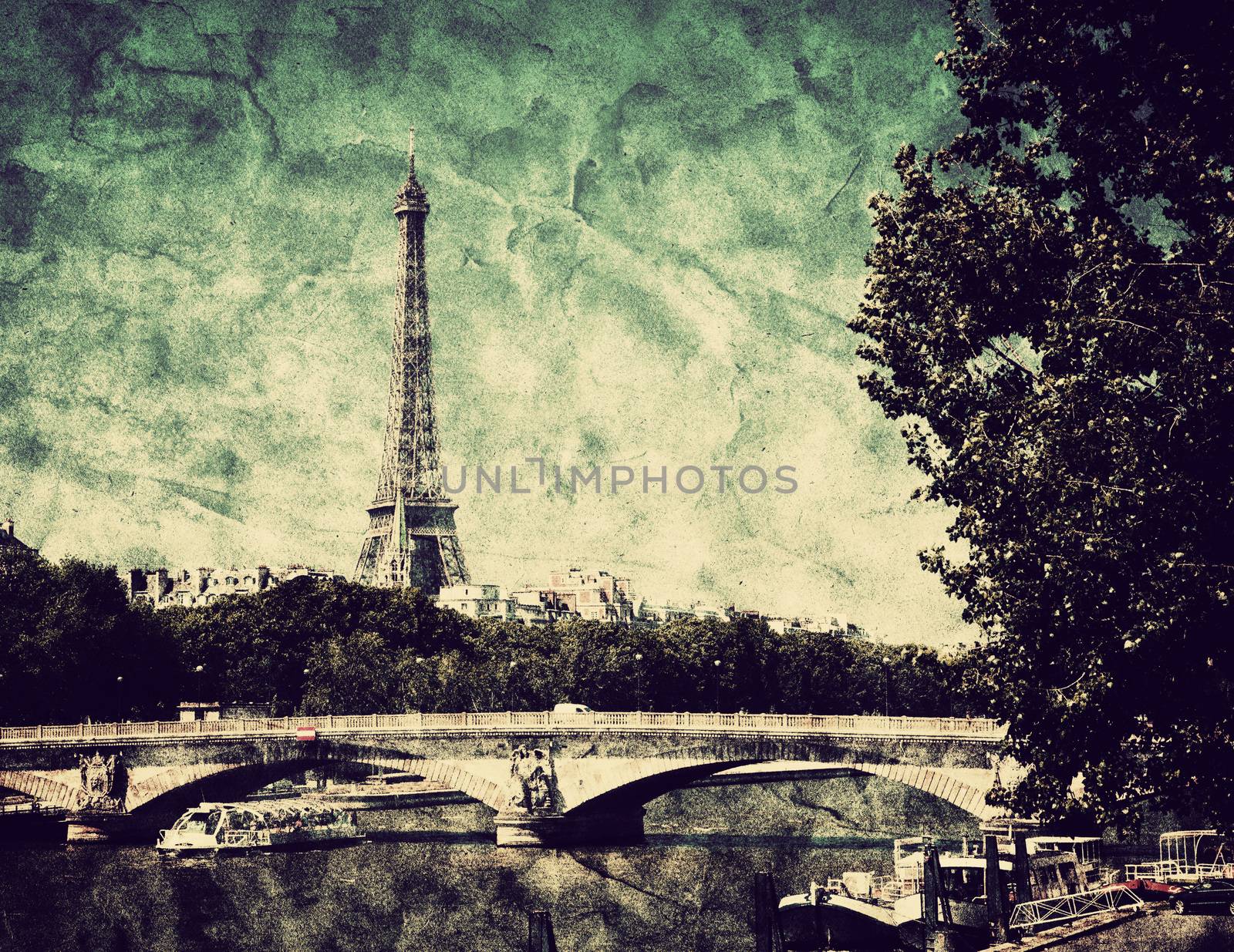 Eiffel Tower and bridge on Seine river in Paris, France. View from Alexandre Bridge in vintage, retro style