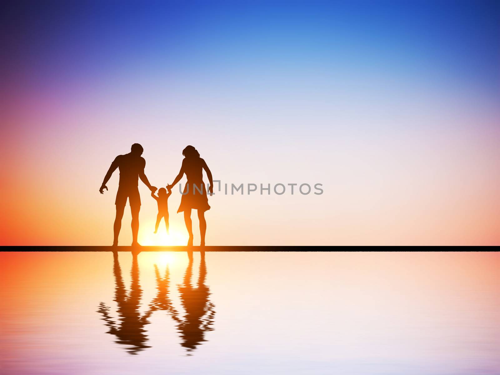 Happy family together, parents and their child at sunset, water reflection. 