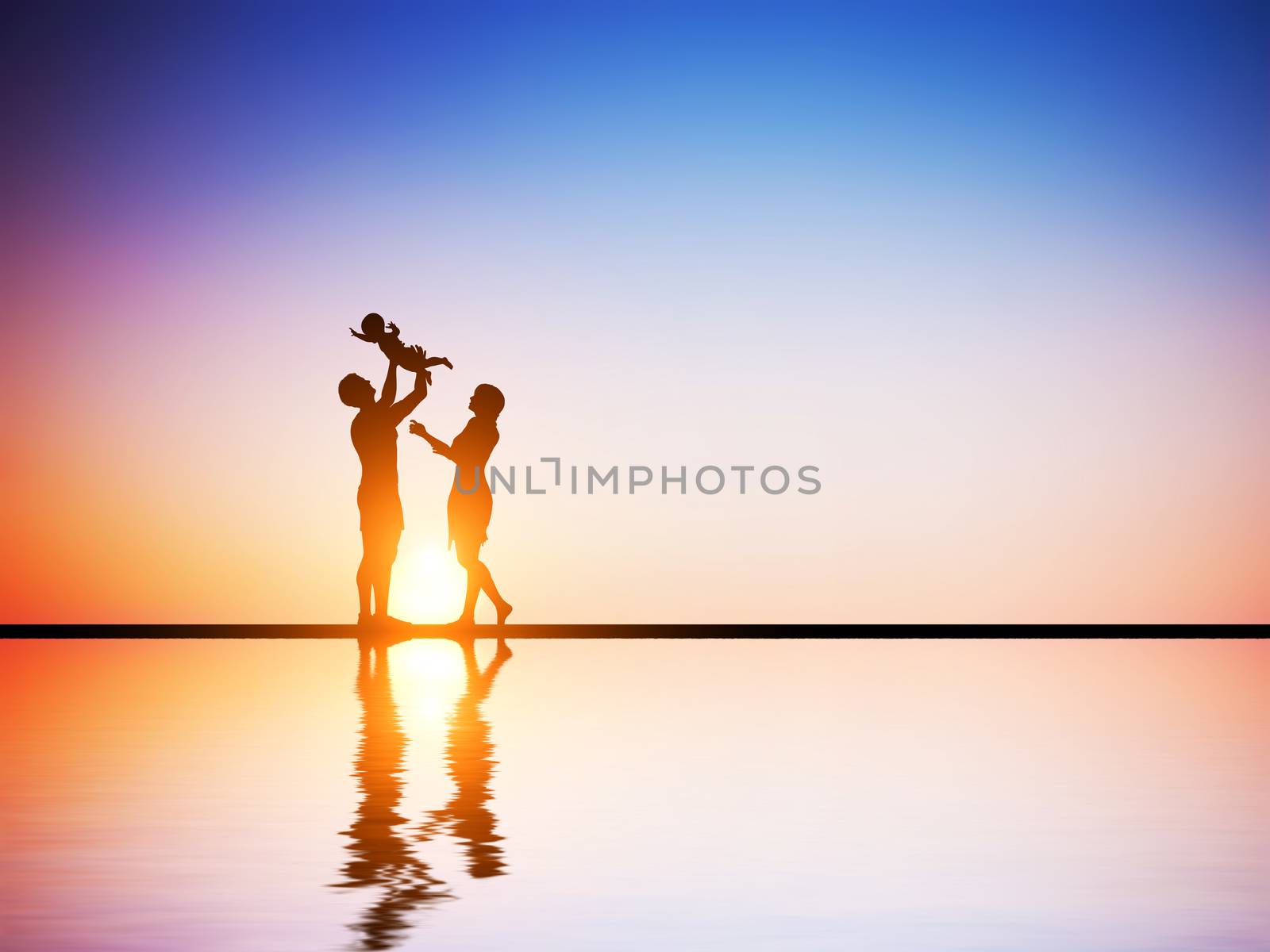 Happy family together, parents celebrating their little child at romantic sunset. Birth, mother, father concepts 