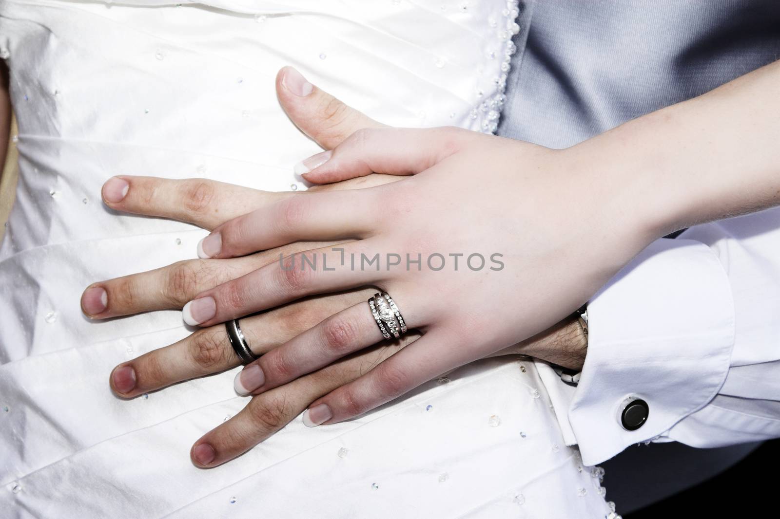 Bride and groom hands with wedding bands