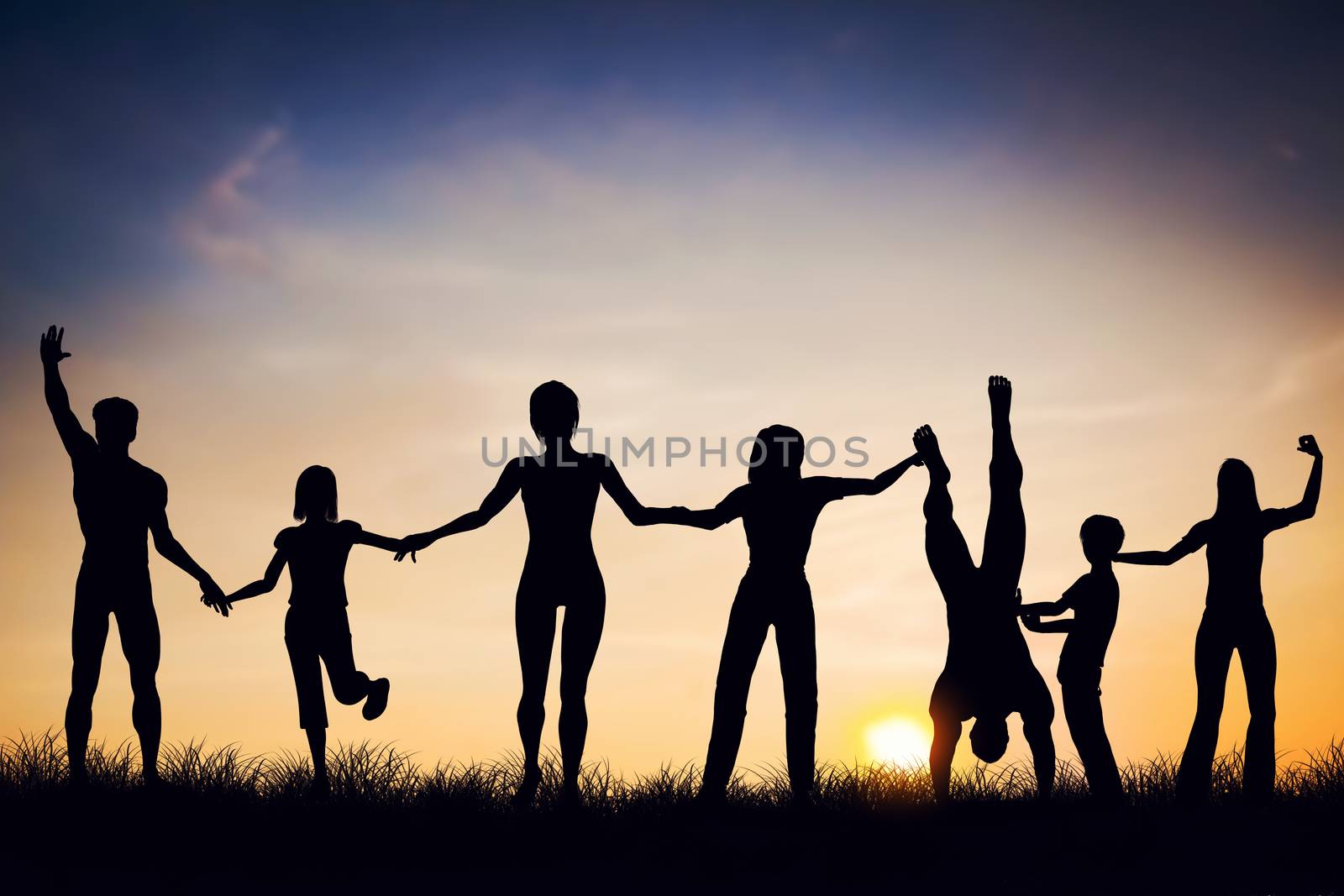 Happy group of people, friends, family standing together hands in hands, having fun, celebrating life. Children, parents, seniors