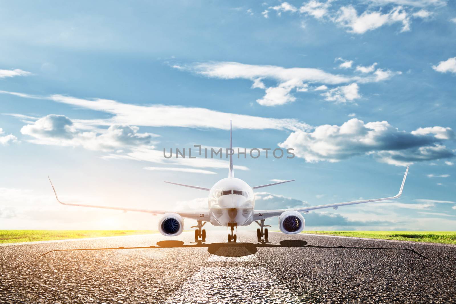 Airplane ready to take off from runway. A big passenger or cargo aircraft, airline. Transport, transportation, travel
