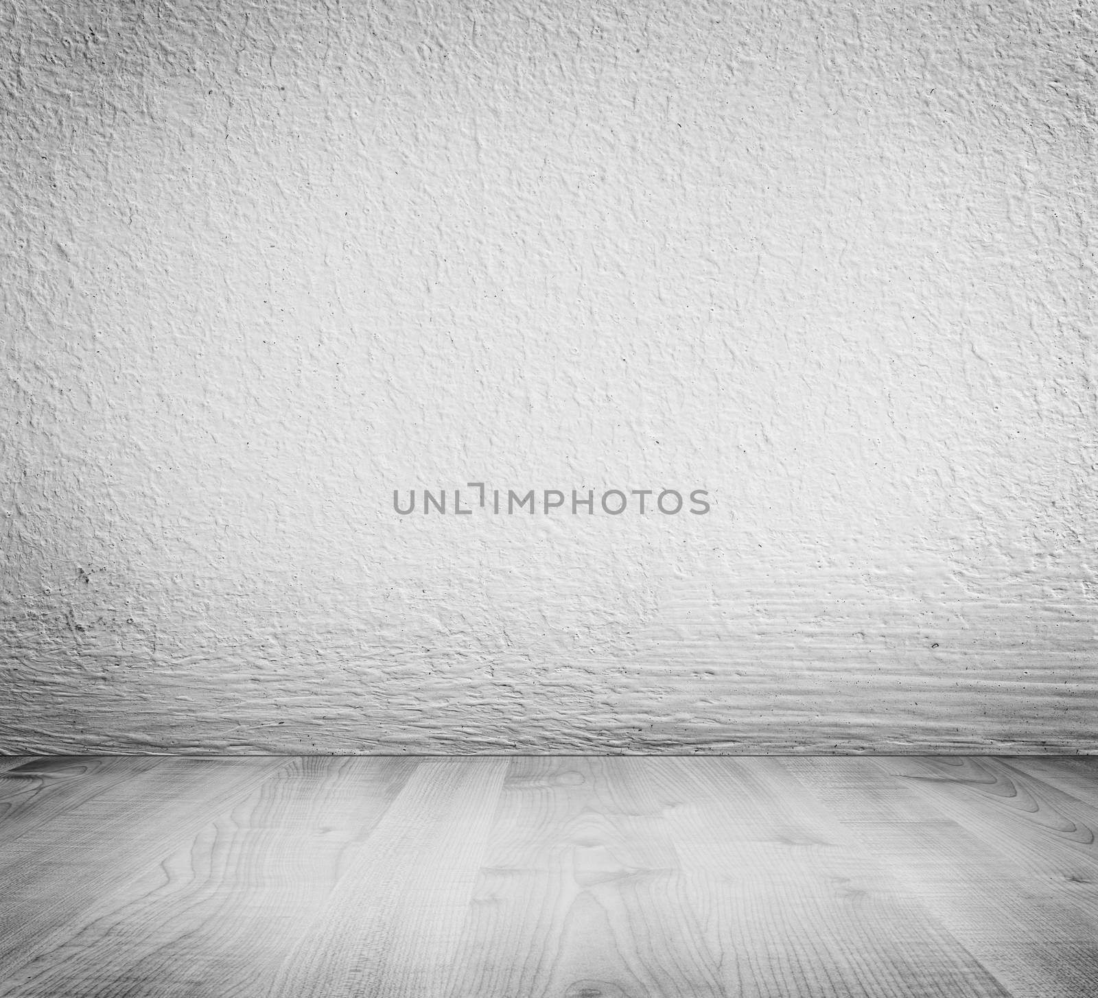 White minimalist plaster, concrete wall background and white wooden floor.  by photocreo