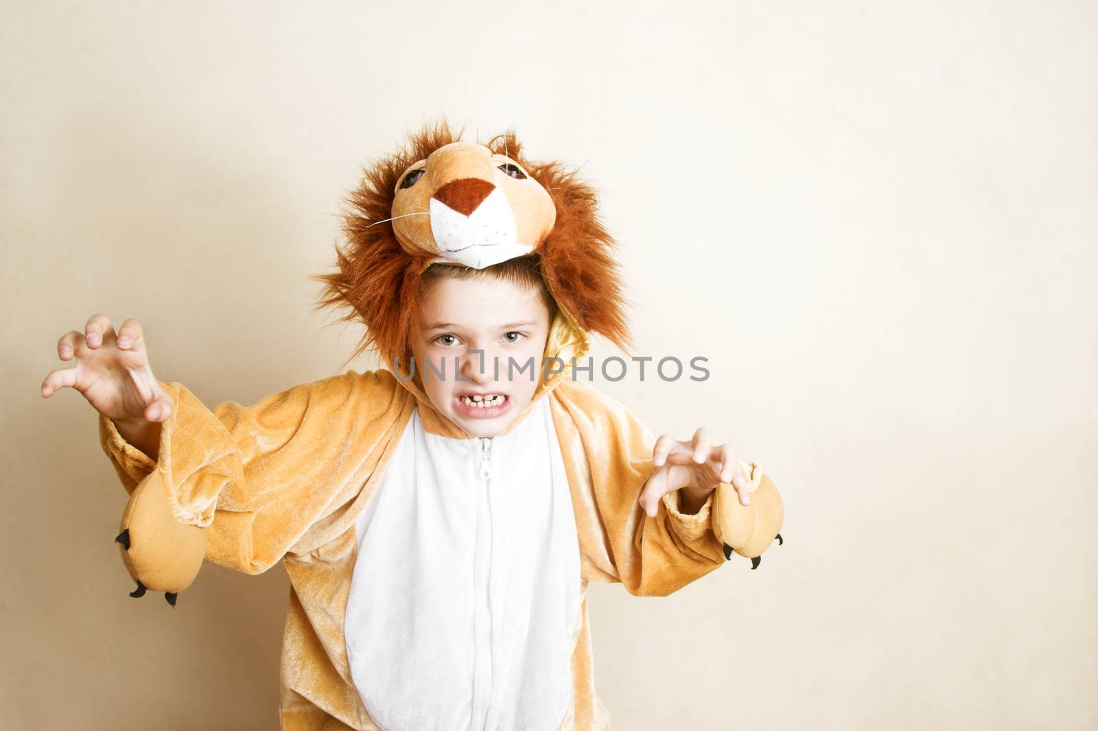 Playful young boy wearing a lion costume