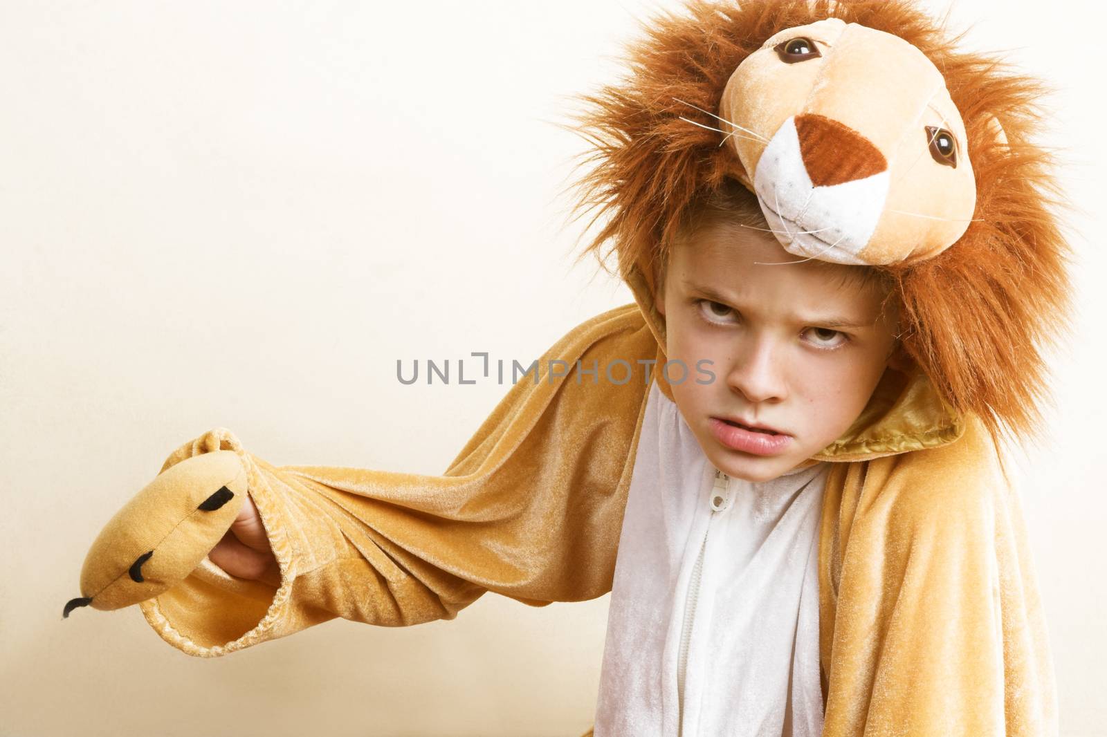 Playful young boy wearing a lion costume