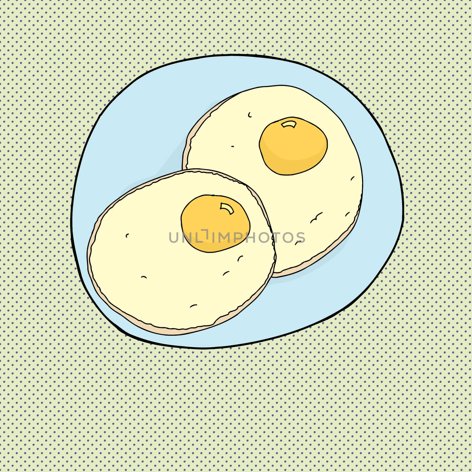 Two fried eggs on blue plate over halftone background